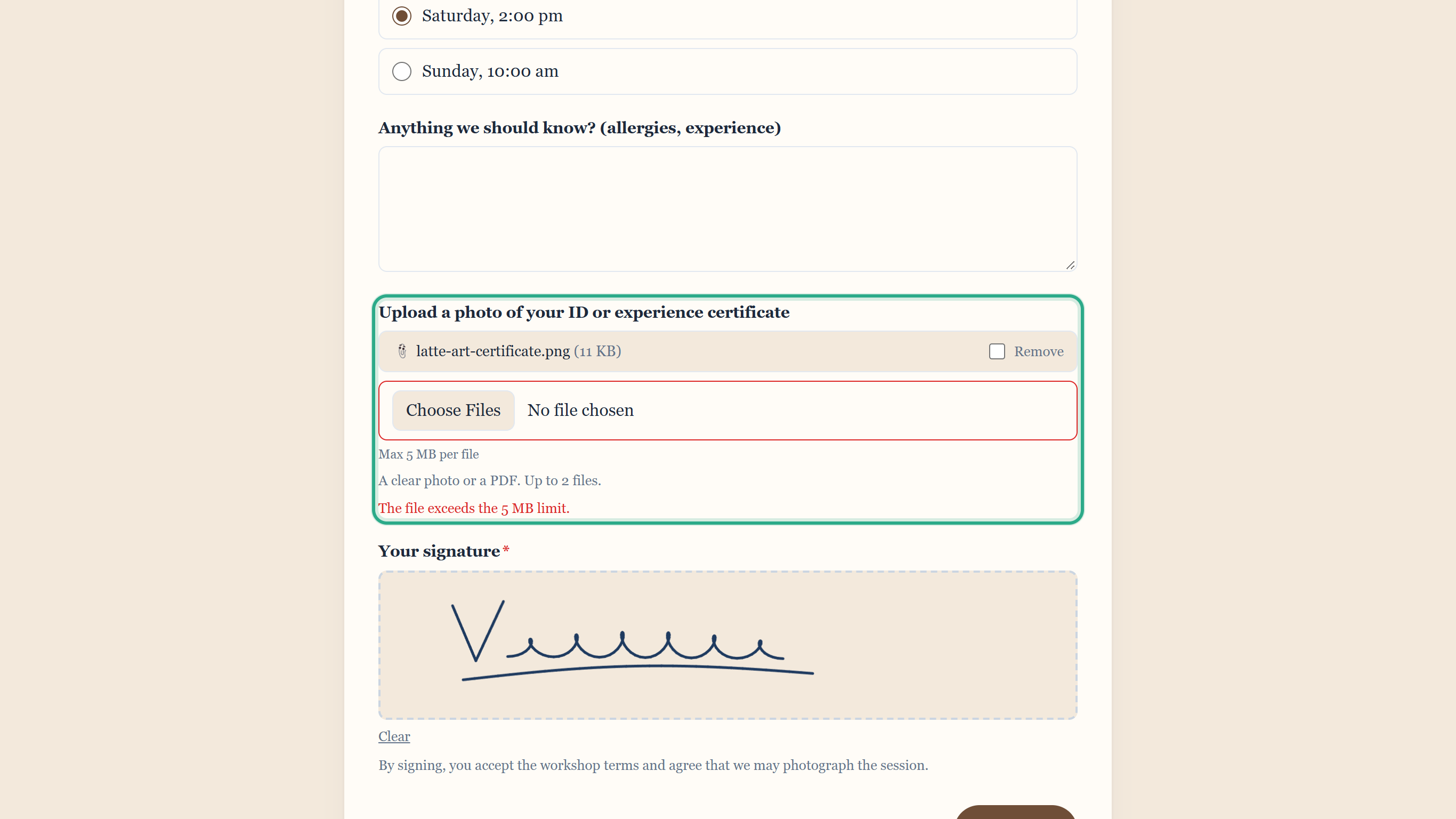 The file upload field outlined: latte-art-certificate.png (11 KB) listed with a Remove checkbox, the picker with a red border and the message The file exceeds the 5 MB limit.