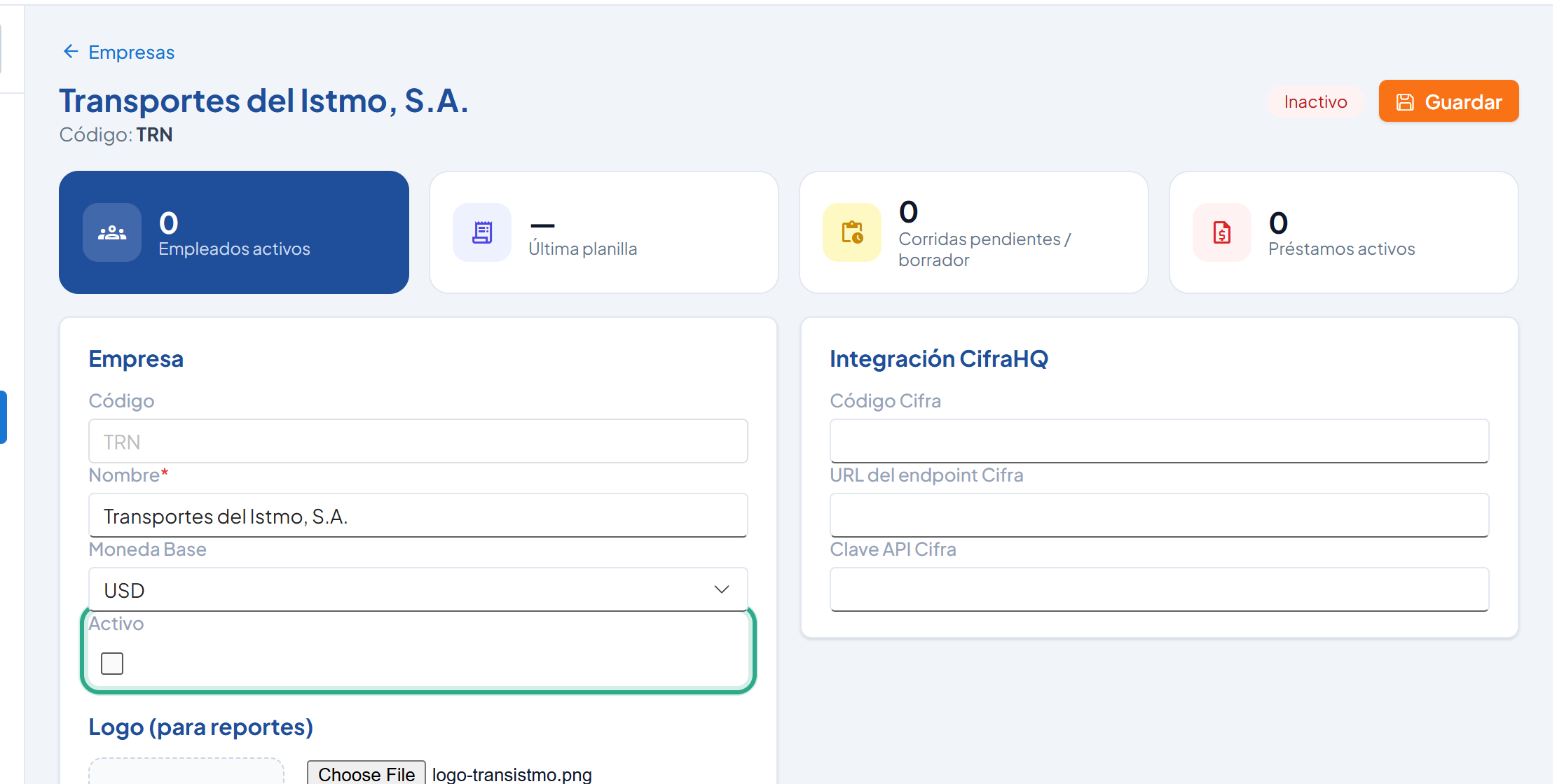 Detalle de la empresa con la casilla Activo desmarcada y resaltada, y la etiqueta Inactivo
