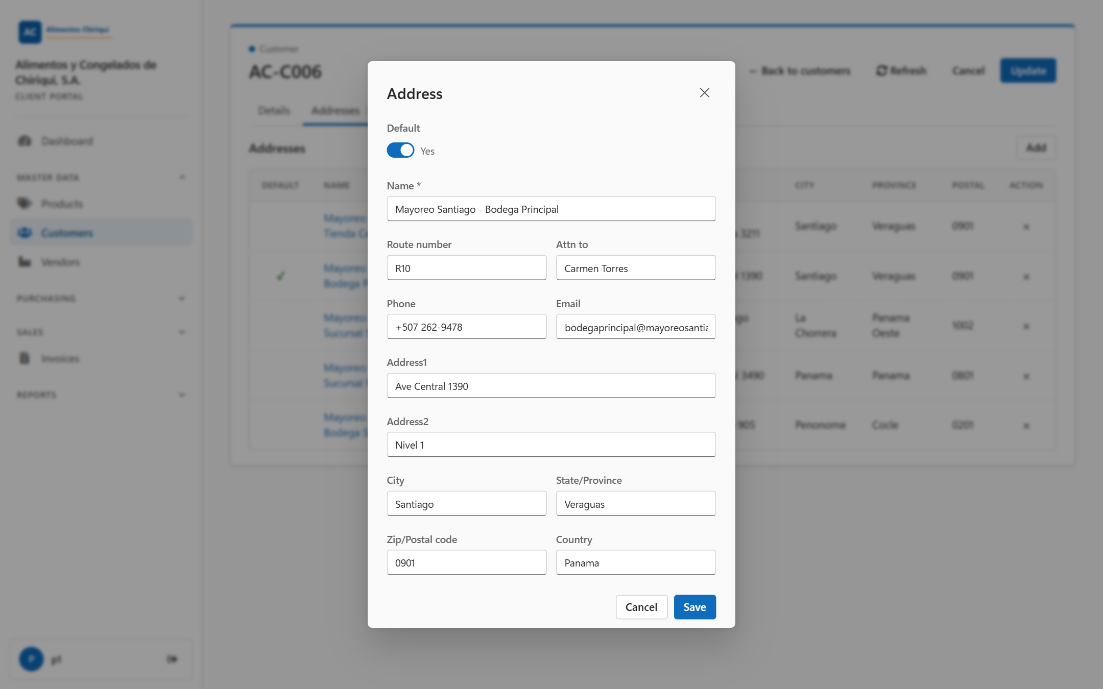 The Addresses tab with the Address dialog open showing Default, Name and the address fields