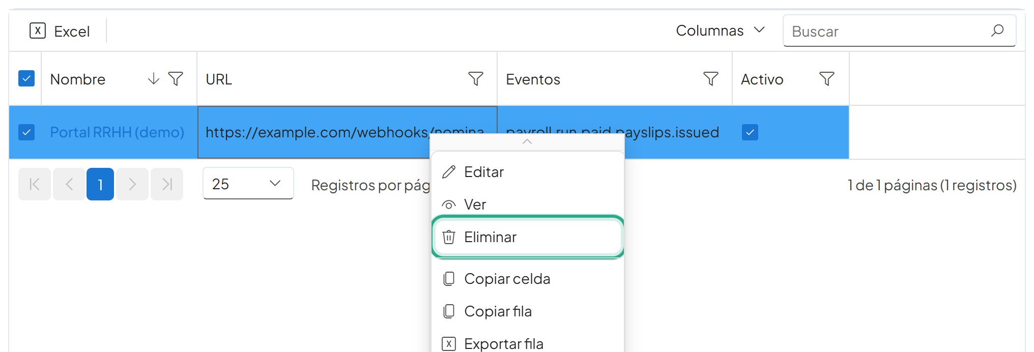 Menú contextual de la fila Portal RRHH (demo) con las opciones Editar, Ver, Eliminar y Copiar celda; Eliminar resaltado