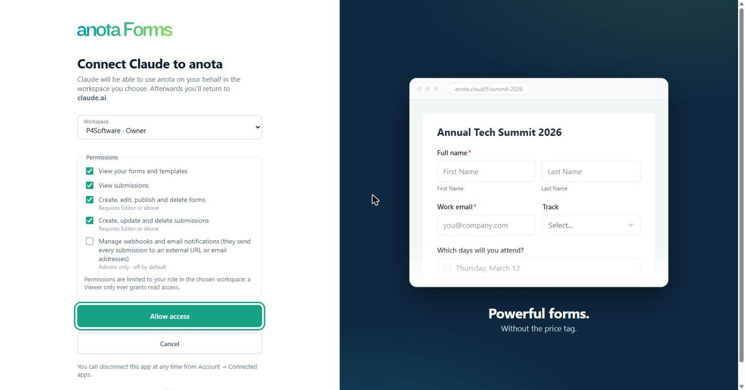 The anota consent screen "Connect Claude to anota" with the Workspace selector, the Permissions checklist (webhooks and email notifications unticked) and the Allow access button outlined
