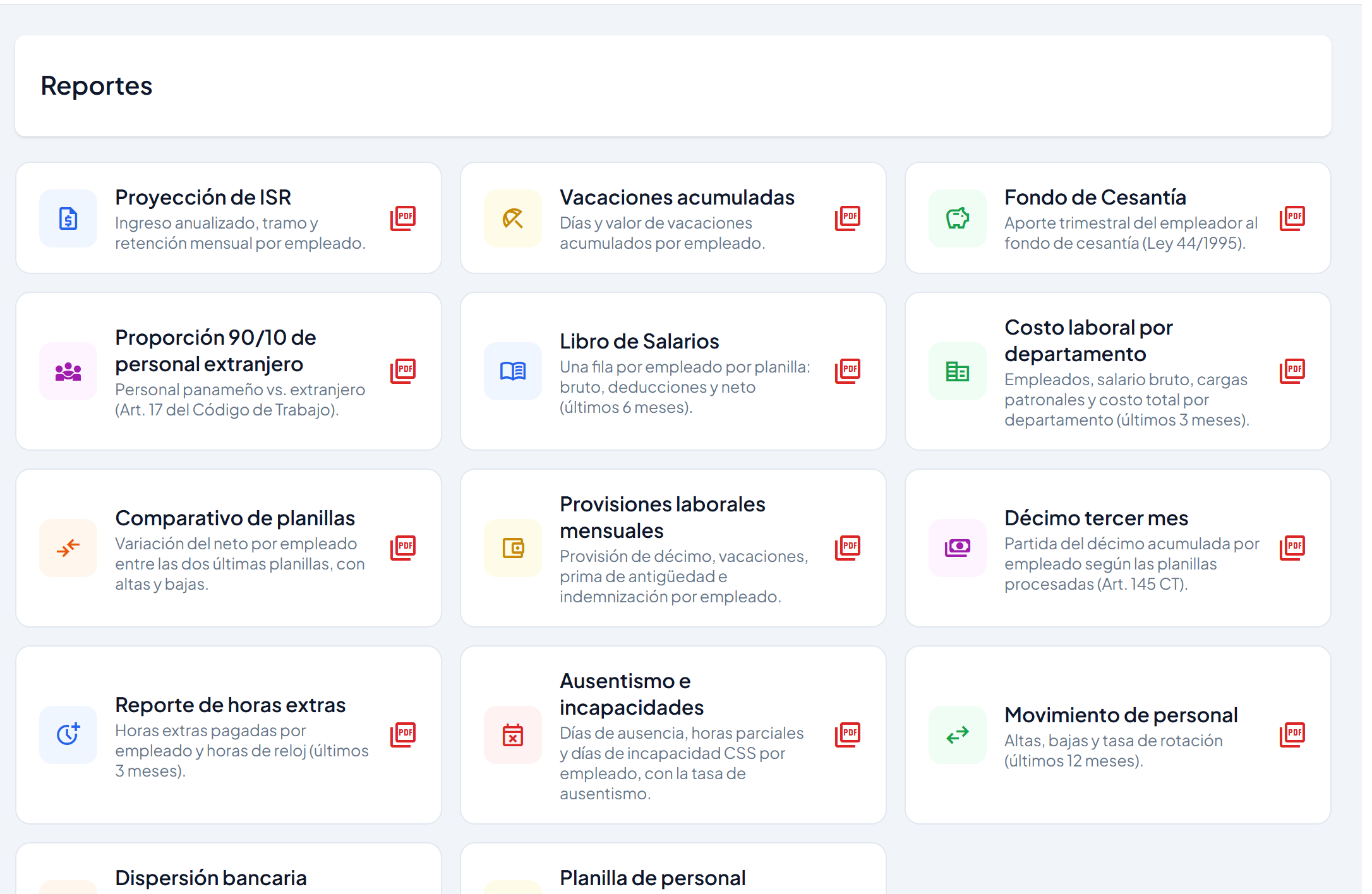 Centro de reportes con las tarjetas Proyección de ISR, Vacaciones acumuladas, Fondo de Cesantía, Proporción 90/10, Libro de Salarios, Costo laboral por departamento y demás reportes