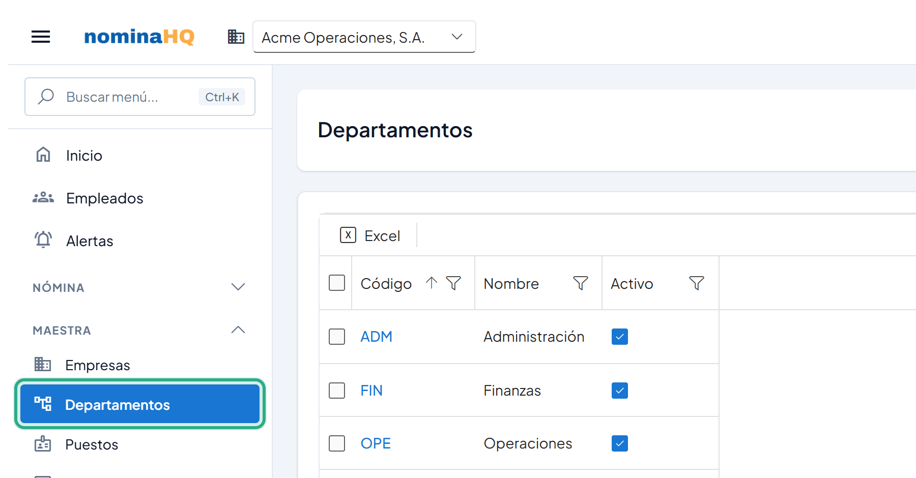 Pantalla Departamentos con el menú Maestra → Departamentos resaltado