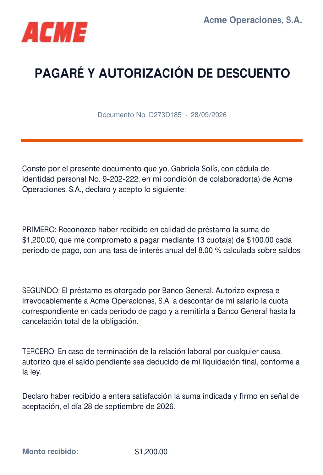 Primera página del Pagaré y autorización de descuento de Gabriela Solís