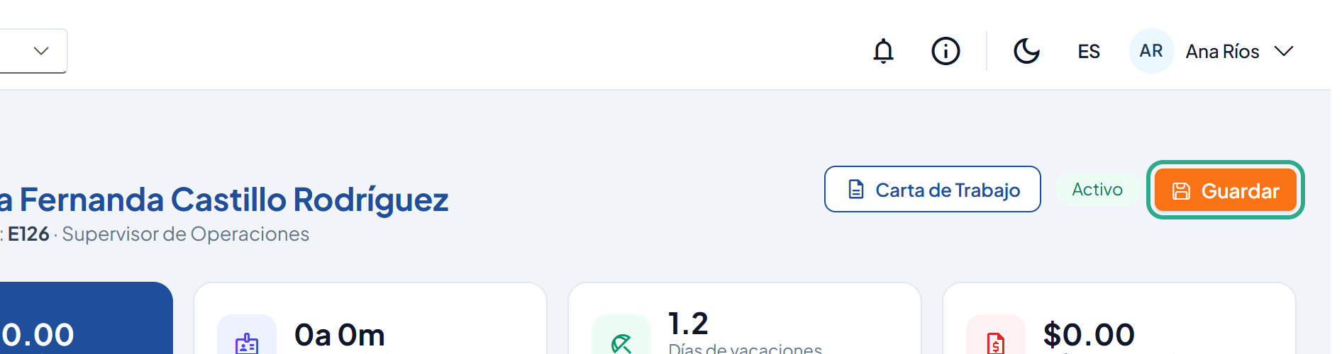 Botón Guardar resaltado en el encabezado de la ficha