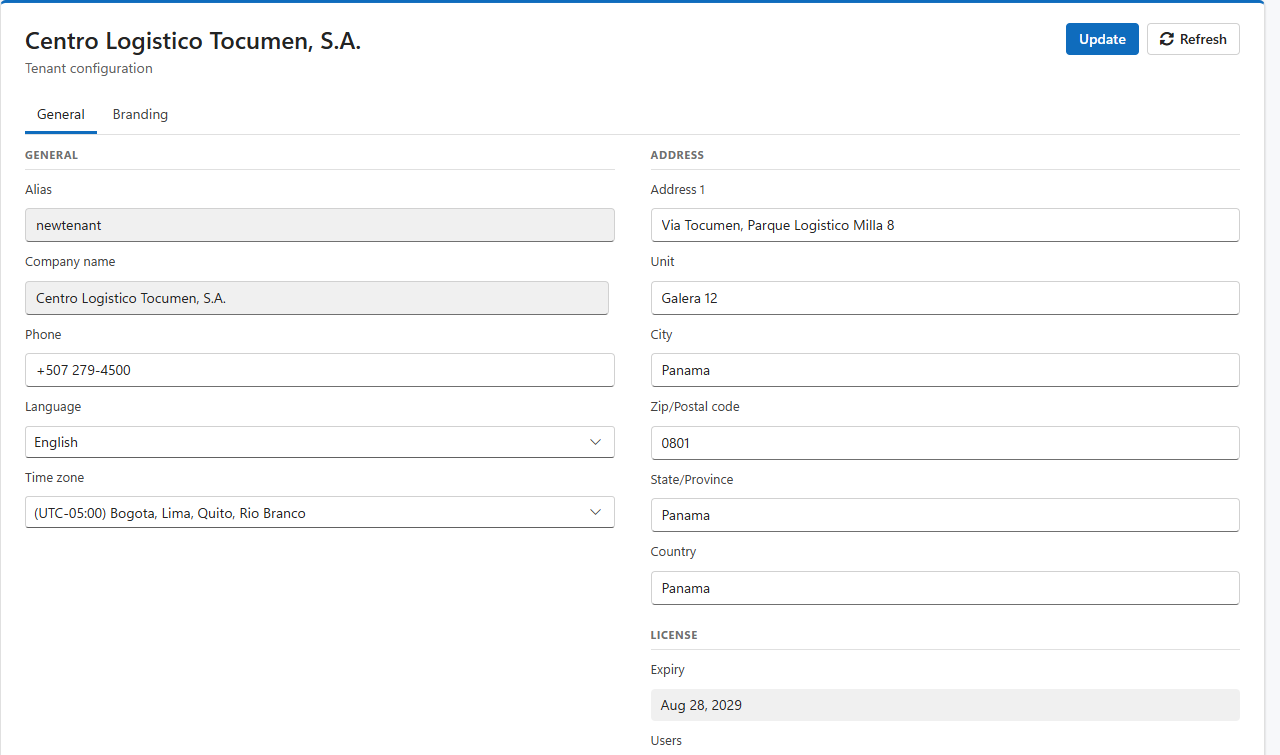 The Tenant screen's General tab: Alias, Company name, Phone, Language and Time zone on the left, the company address and license on the right