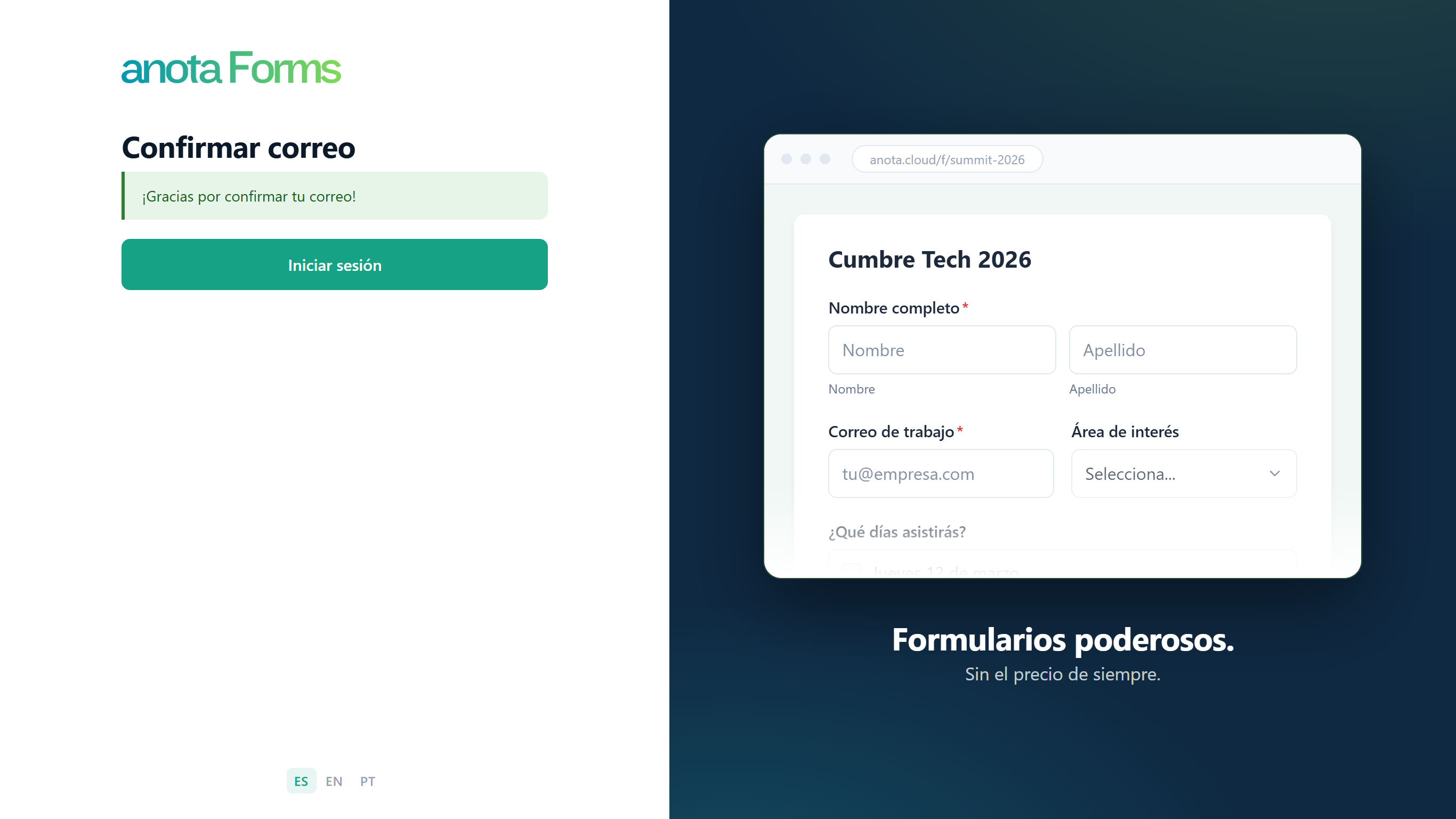 La página Confirmar correo con el mensaje ¡Gracias por confirmar tu correo! y un botón Iniciar sesión