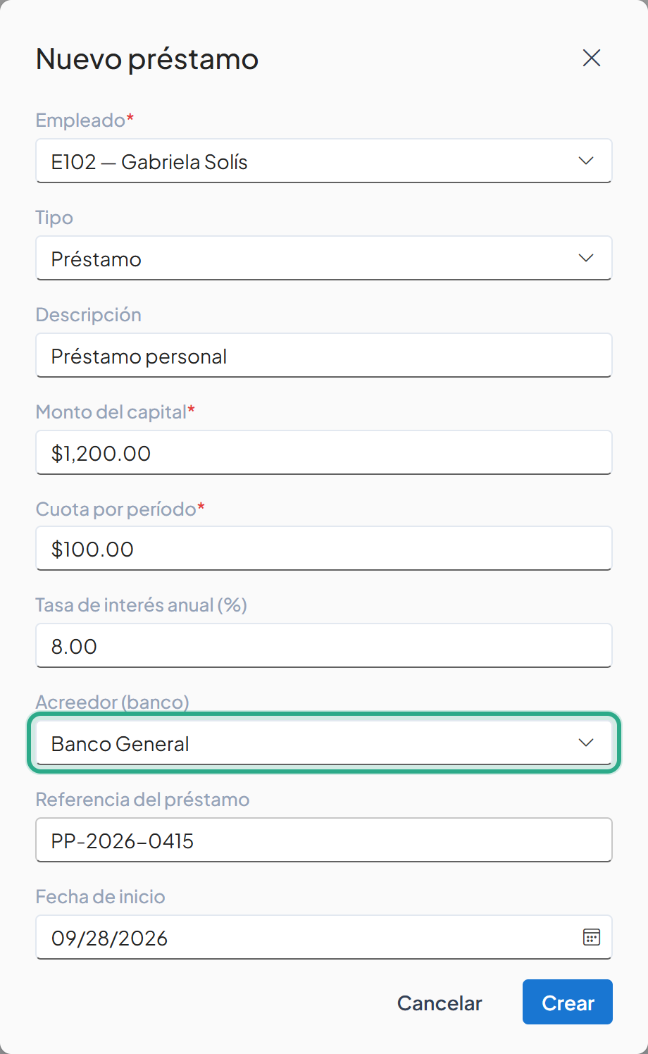 Campo Acreedor (banco) resaltado con Banco General, con la tasa 8.00 y la referencia PP-2026-0415