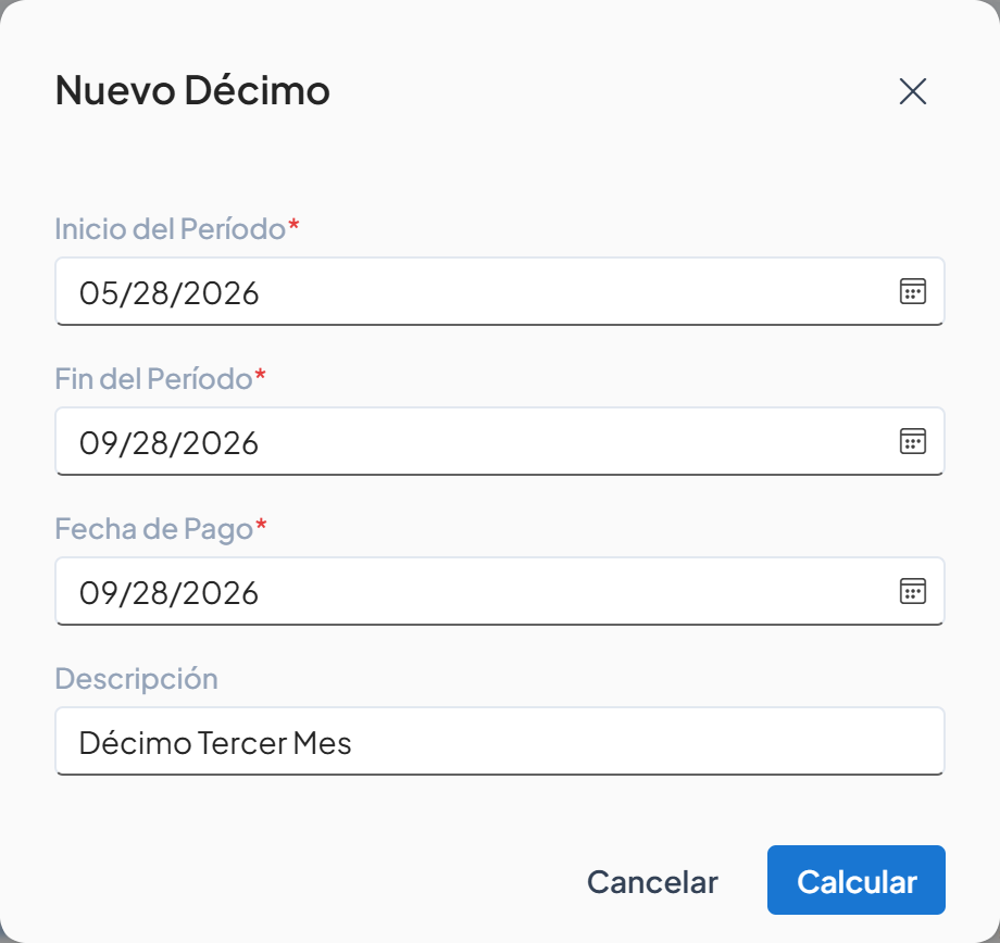 Cuadro Nuevo Décimo con los valores predeterminados