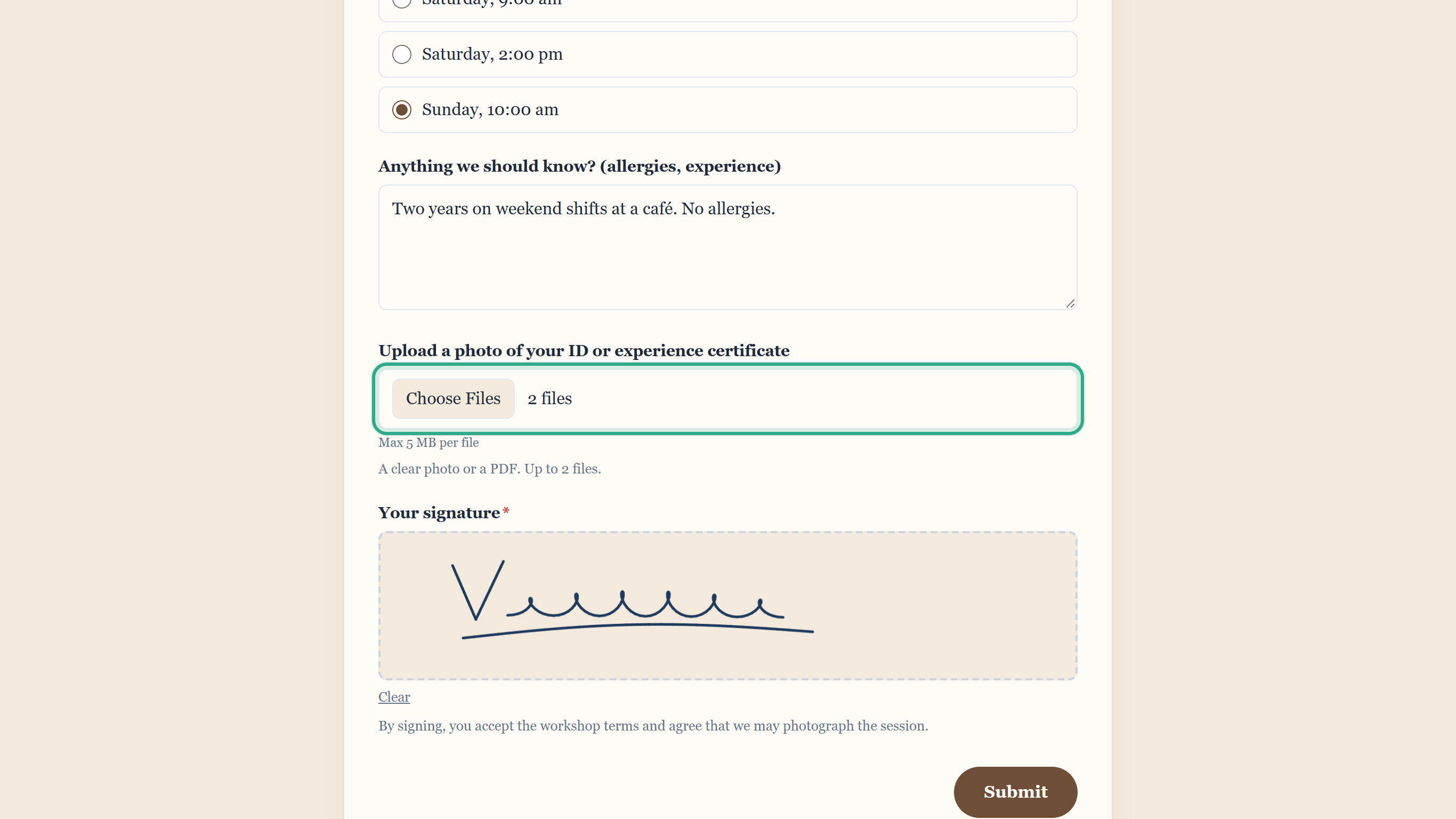The file picker of the Upload a photo of your ID or experience certificate field outlined, showing 2 files