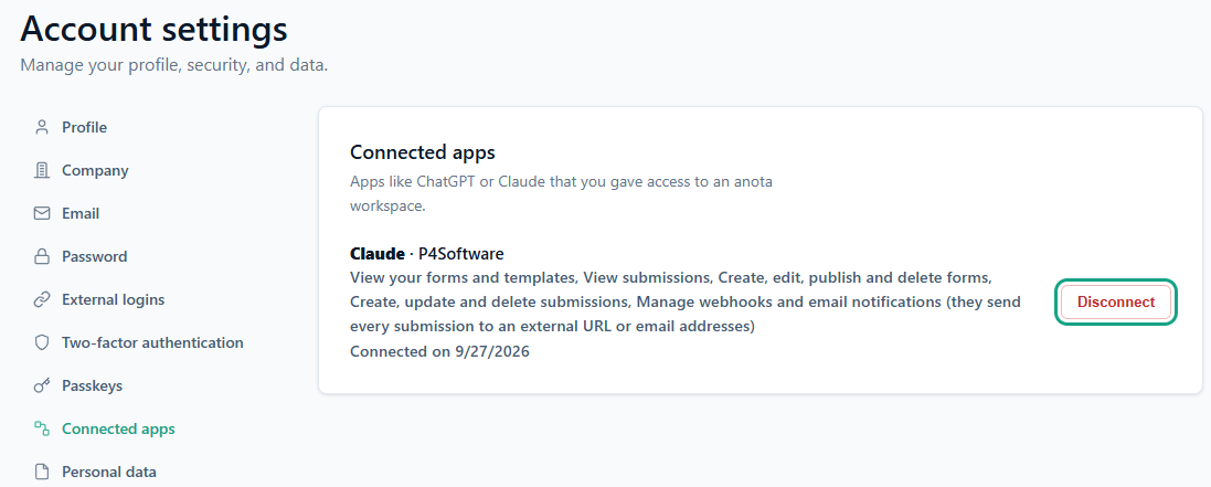 The Connected apps page in anota's Account settings, listing Claude for the P4Software workspace with its permissions, the date it was connected and the Disconnect button outlined