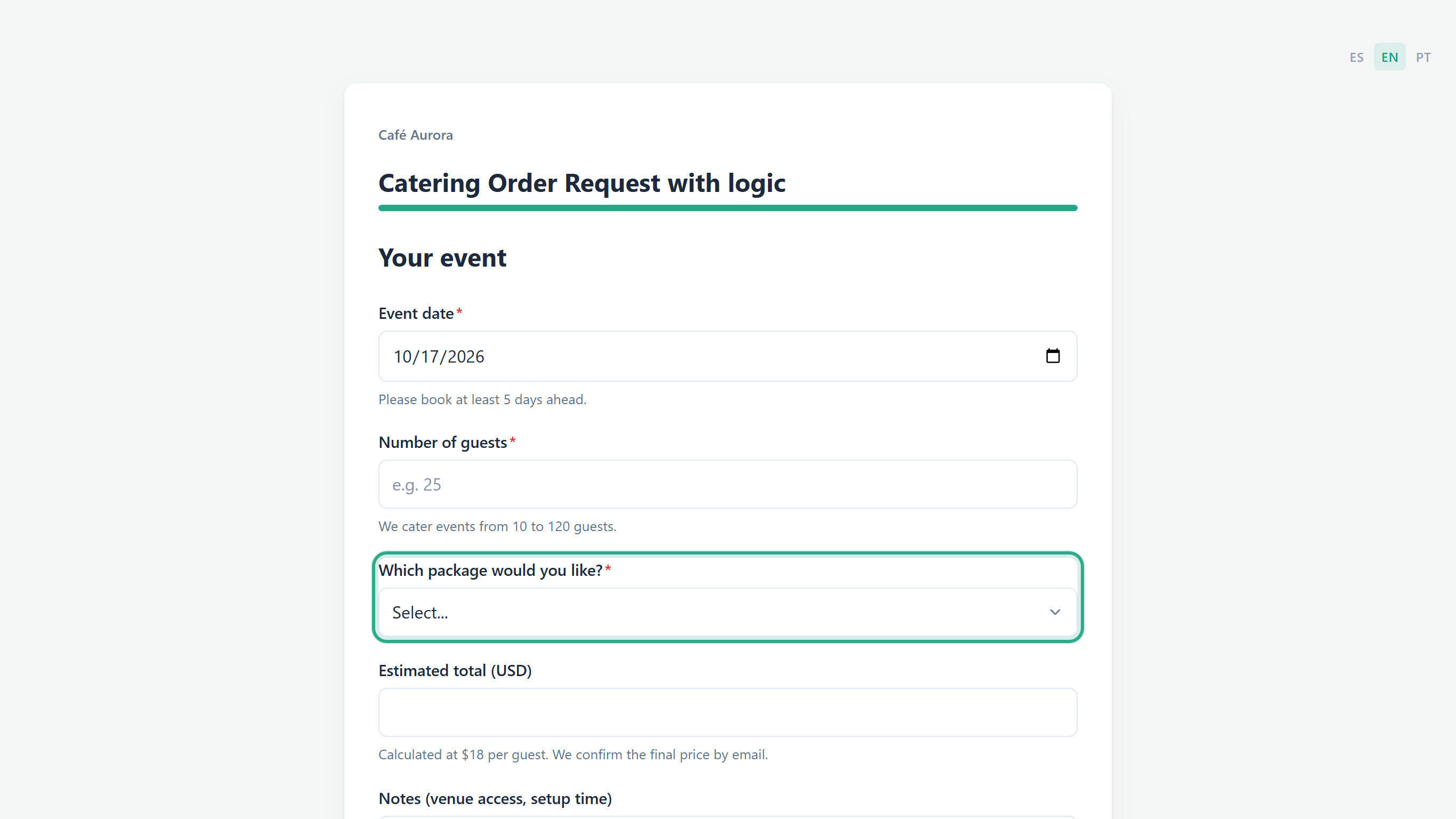 The Your event page with Event date, Number of guests, the package dropdown outlined, Estimated total and Notes; no Dietary requirements field
