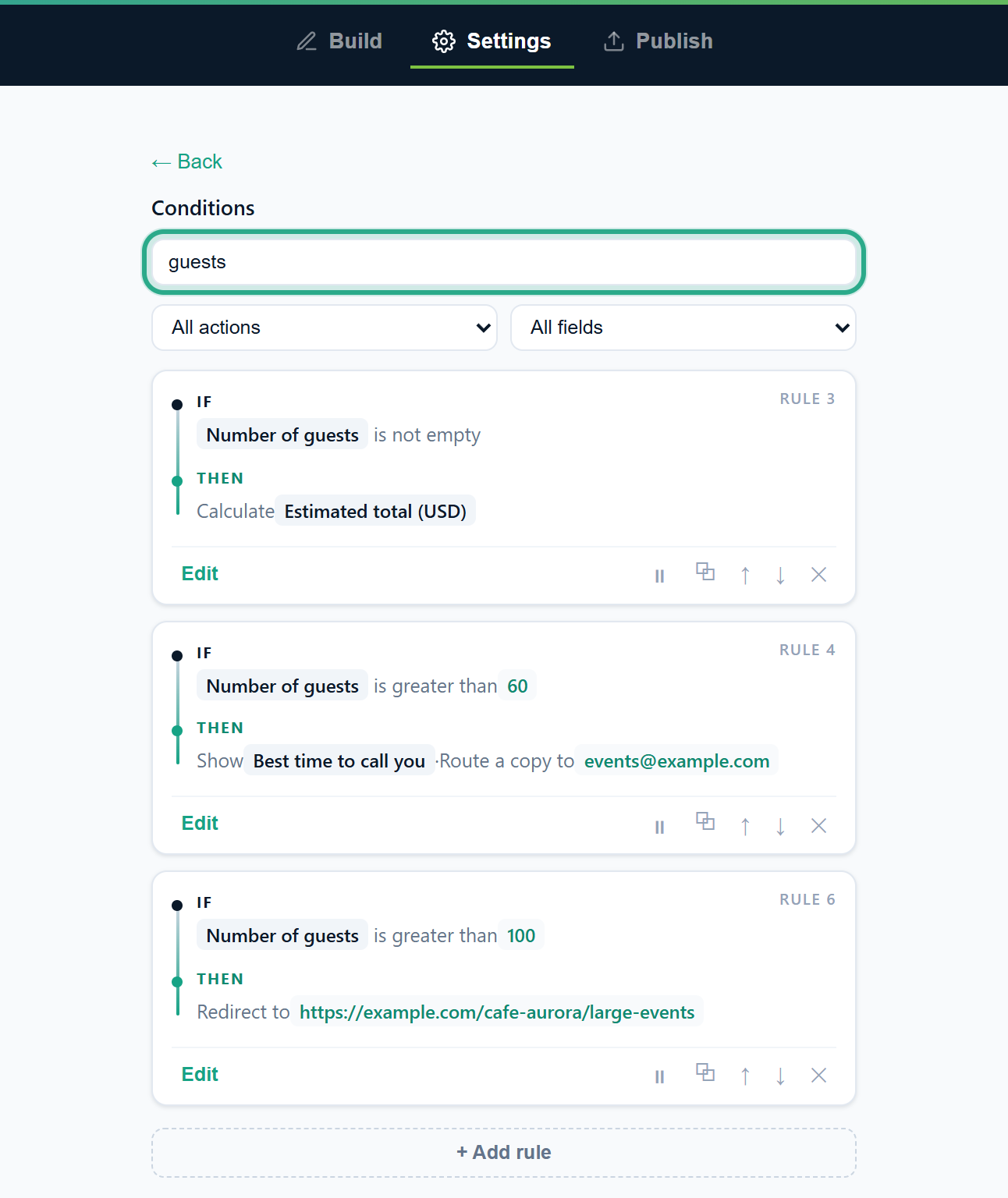 The Conditions list filtered by the search word guests, showing rules 3, 4 and 6, with the search box outlined