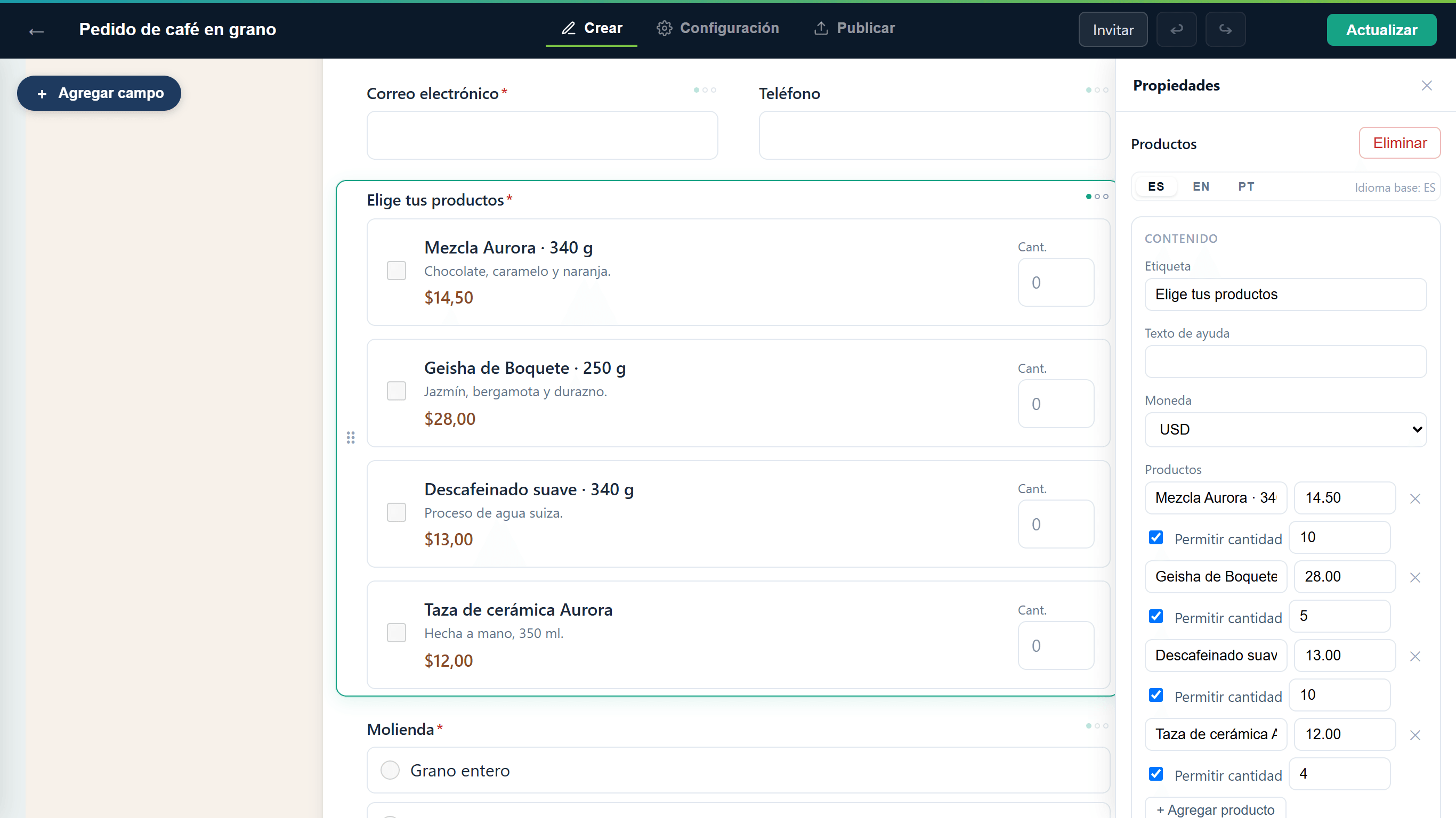 Campo Productos seleccionado en el editor, con cuatro artículos en el lienzo y el panel Propiedades mostrando la moneda y la lista de productos con nombre, precio, Permitir cantidad y máximo