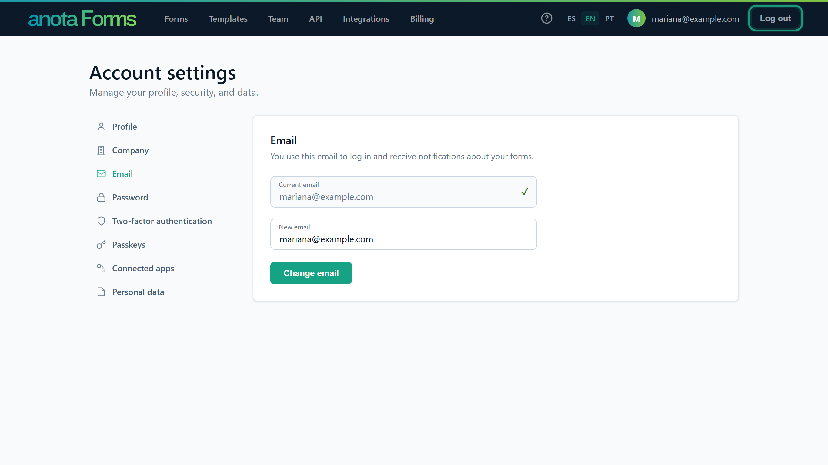 The top bar with the Log out button outlined, next to the avatar and email address