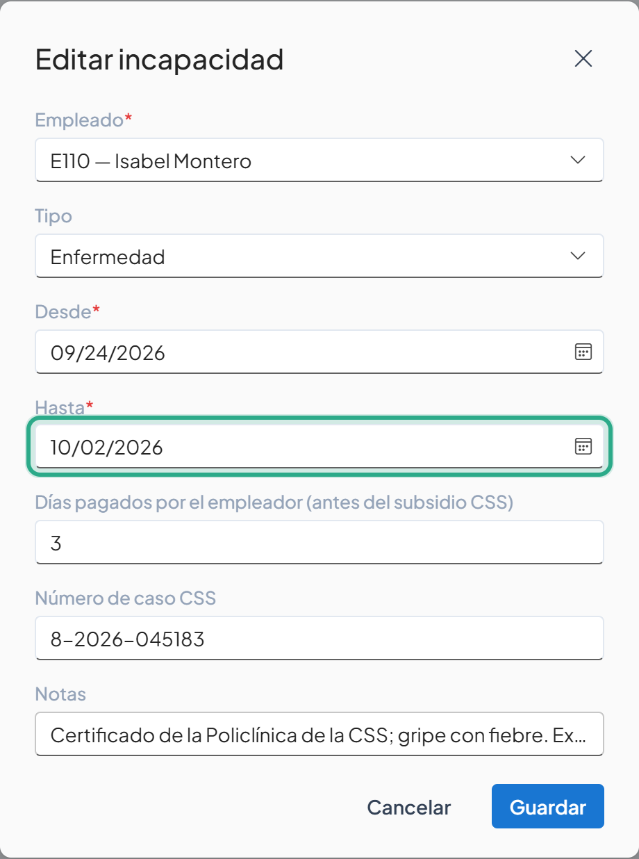 Cuadro Editar incapacidad con el campo Hasta resaltado con la fecha 10/02/2026