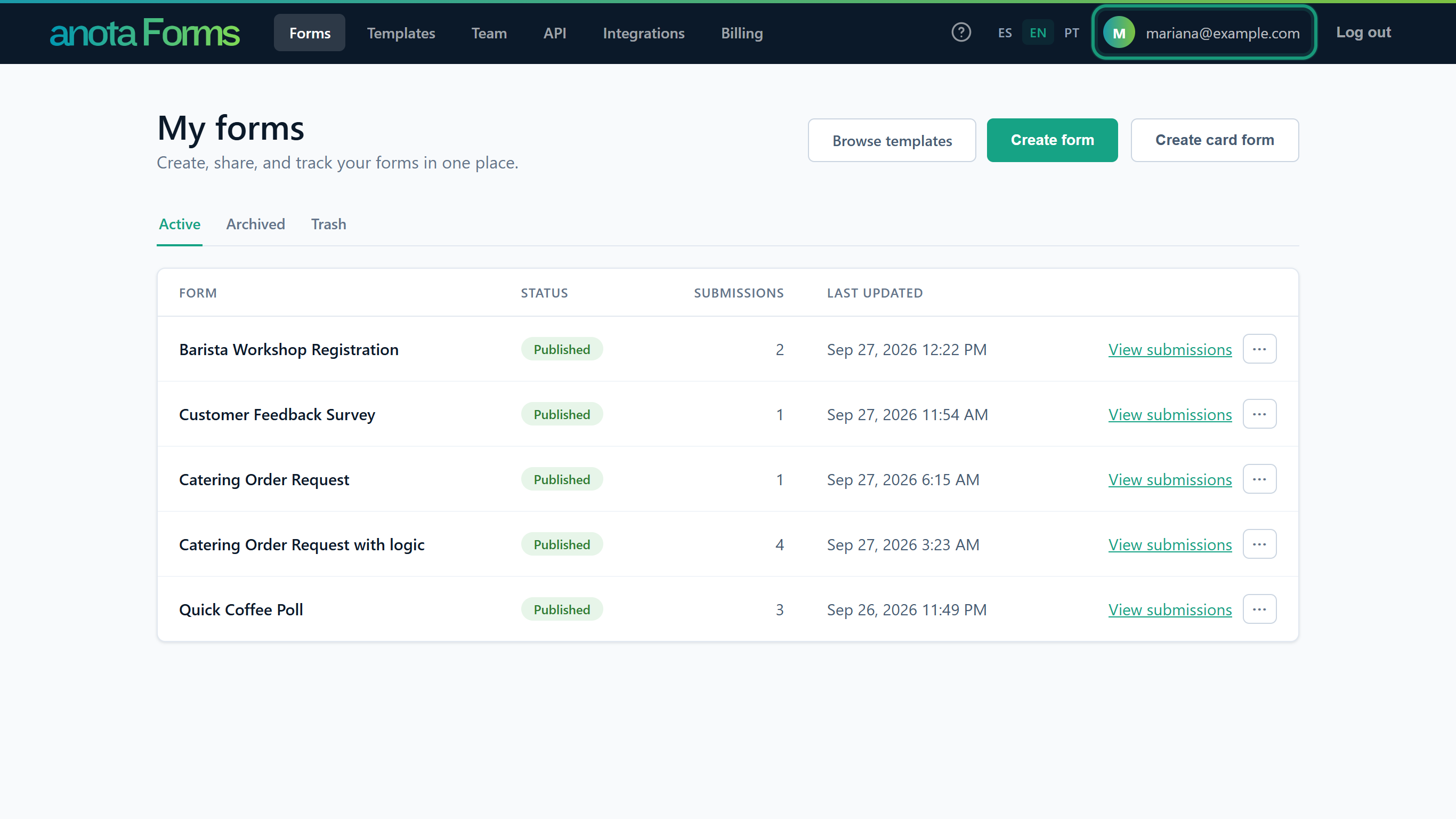 The My forms page with the avatar M and mariana@example.com in the top bar outlined