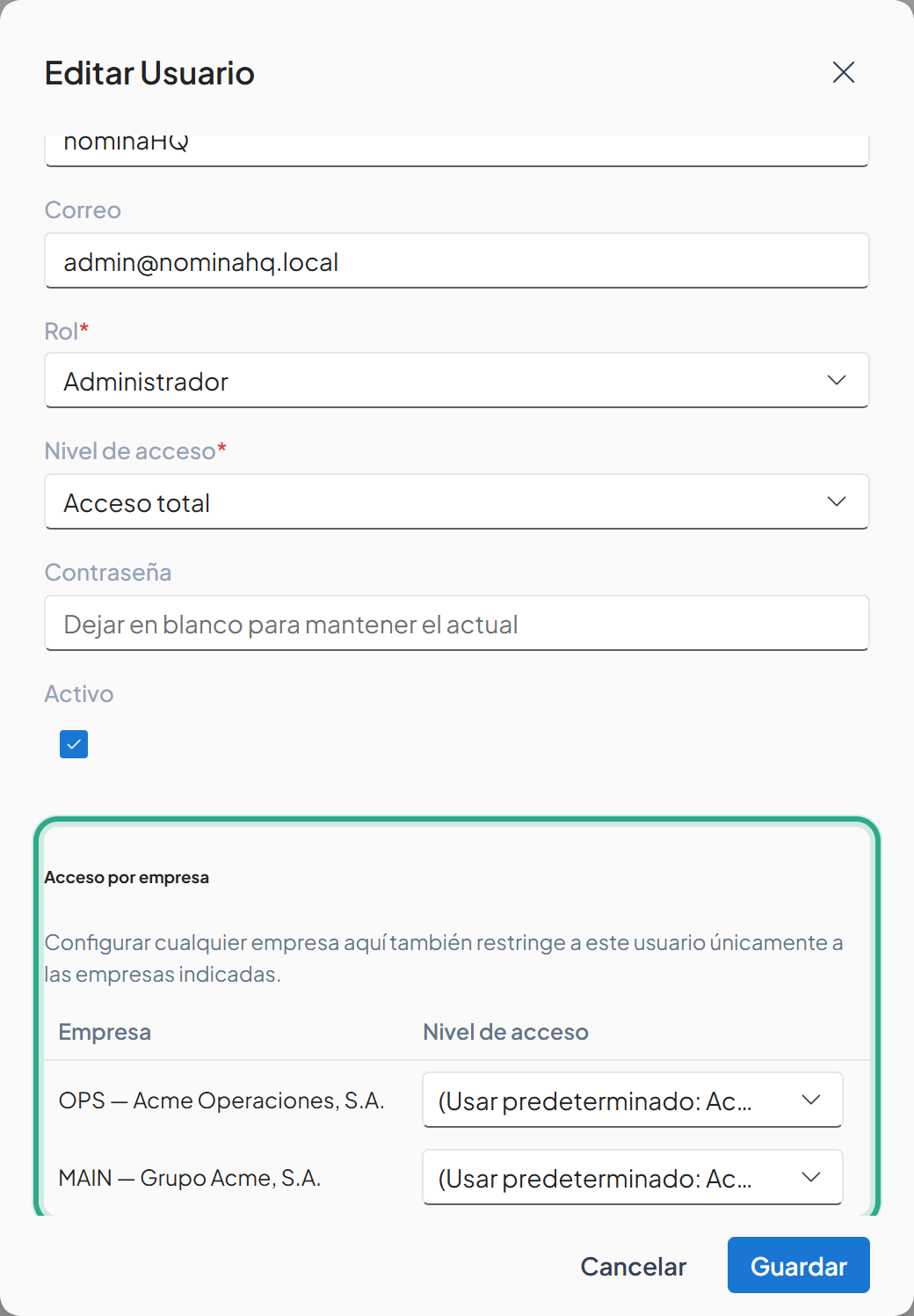 Sección Acceso por empresa resaltada con las filas OPS — Acme Operaciones, S.A. y MAIN — Grupo Acme, S.A. en Usar predeterminado