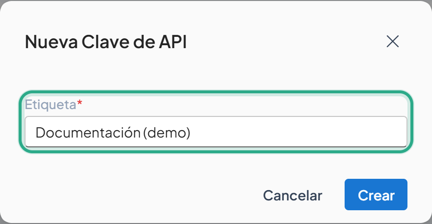 Cuadro Nueva Clave de API con el campo Etiqueta resaltado