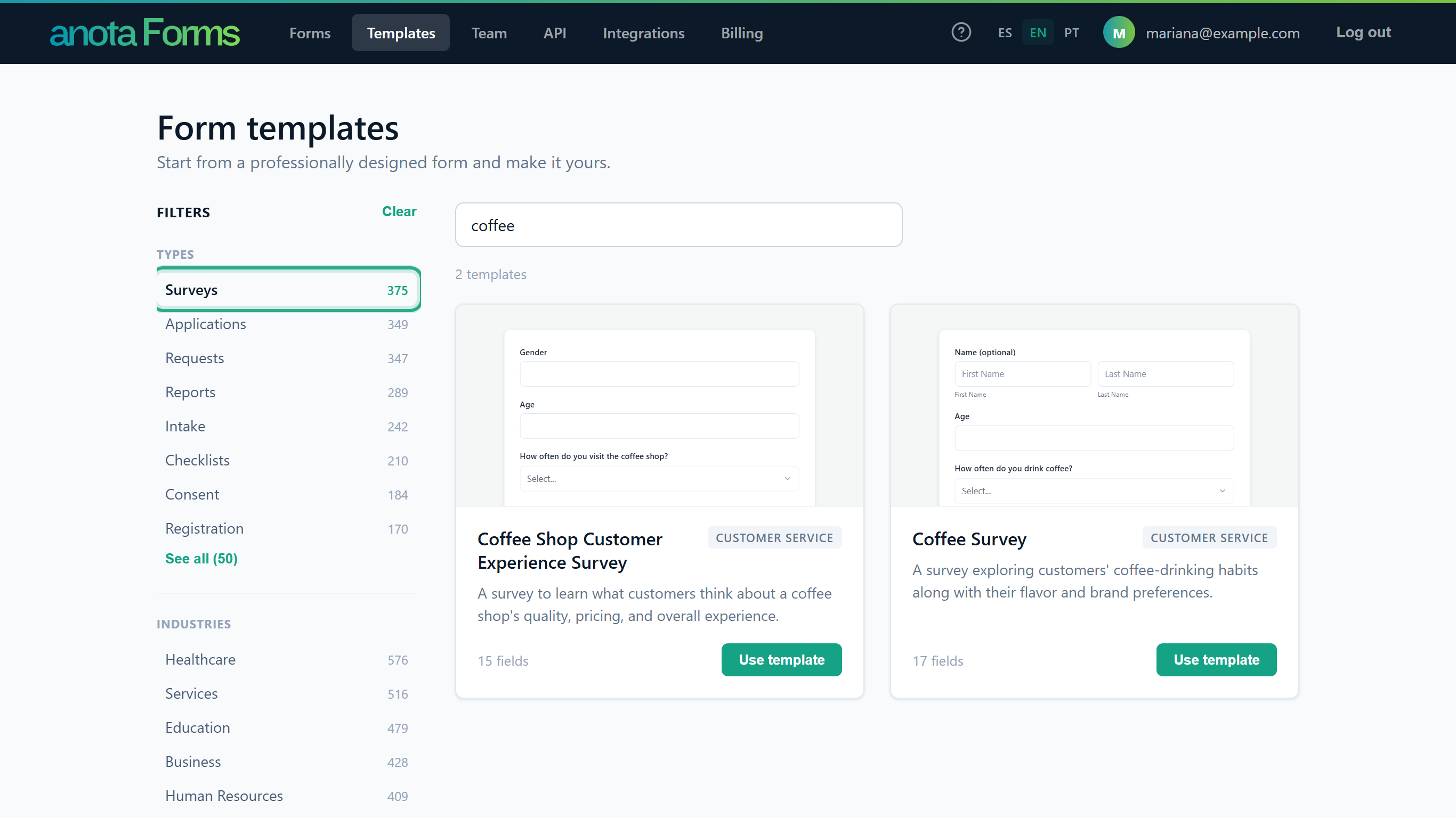 The Surveys value under Types outlined, and the list narrowed to 2 templates: Coffee Shop Customer Experience Survey and Coffee Survey