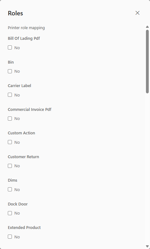 The Roles dialog: a tick box for each kind of label or document, such as Bill Of Lading Pdf, Bin, Carrier Label and Commercial Invoice Pdf