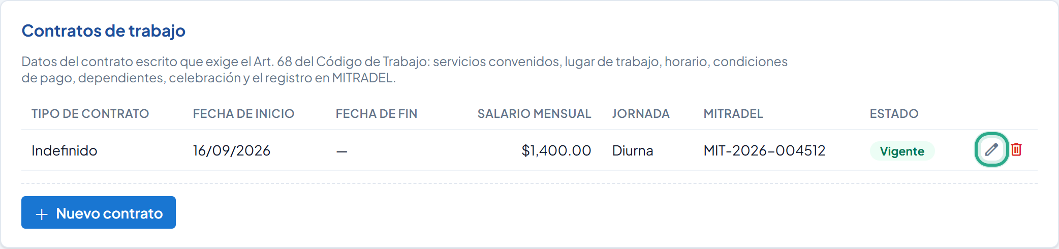 Ícono de lápiz (Editar) resaltado en la fila del contrato