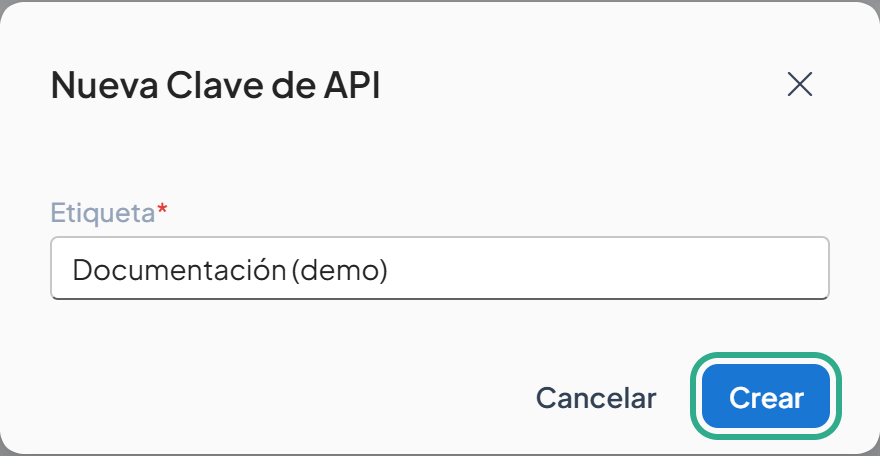 Cuadro Nueva Clave de API con el botón Crear resaltado