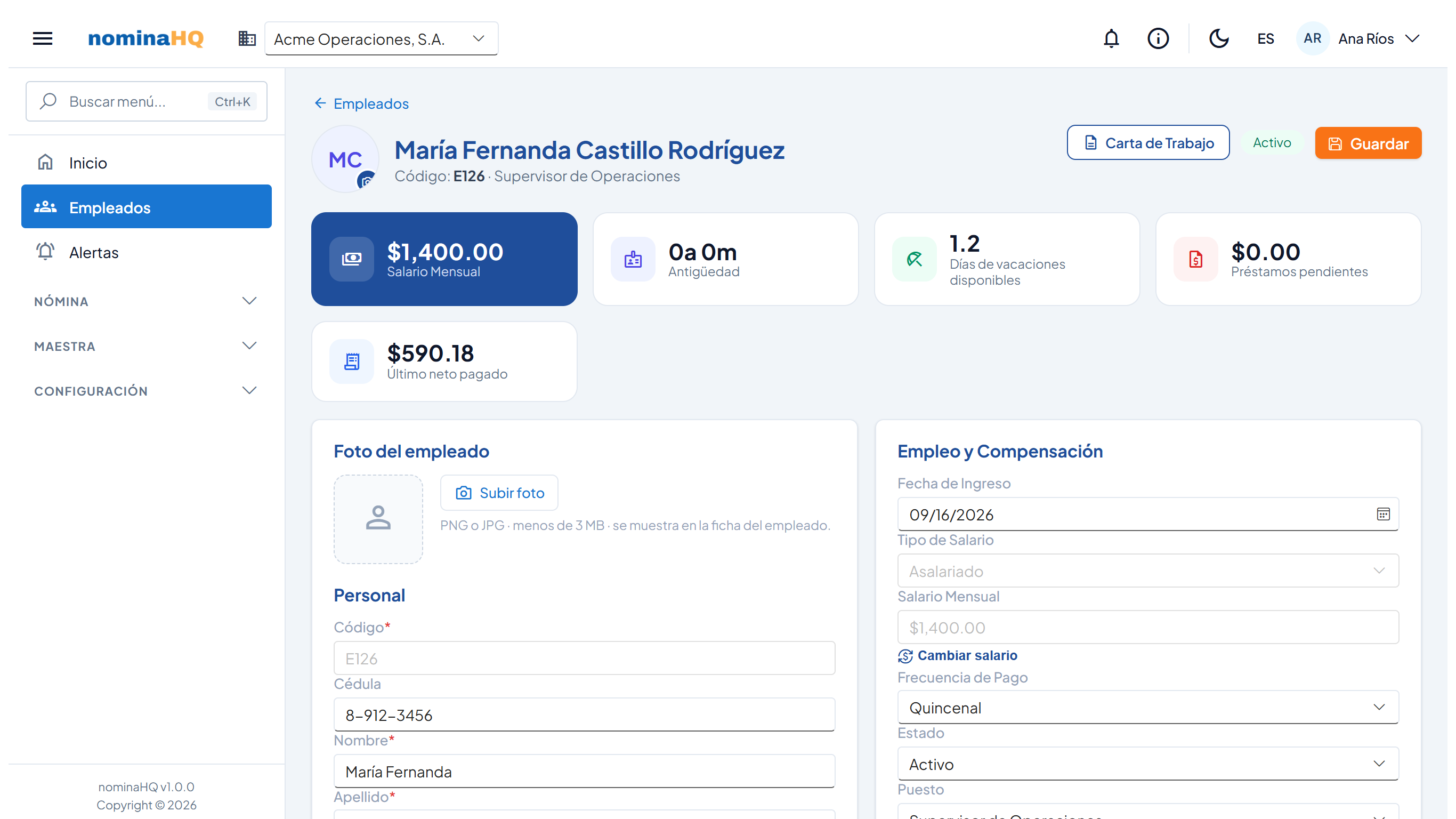 Ficha de María Fernanda Castillo Rodríguez con sus indicadores y las secciones Personal y Empleo y Compensación