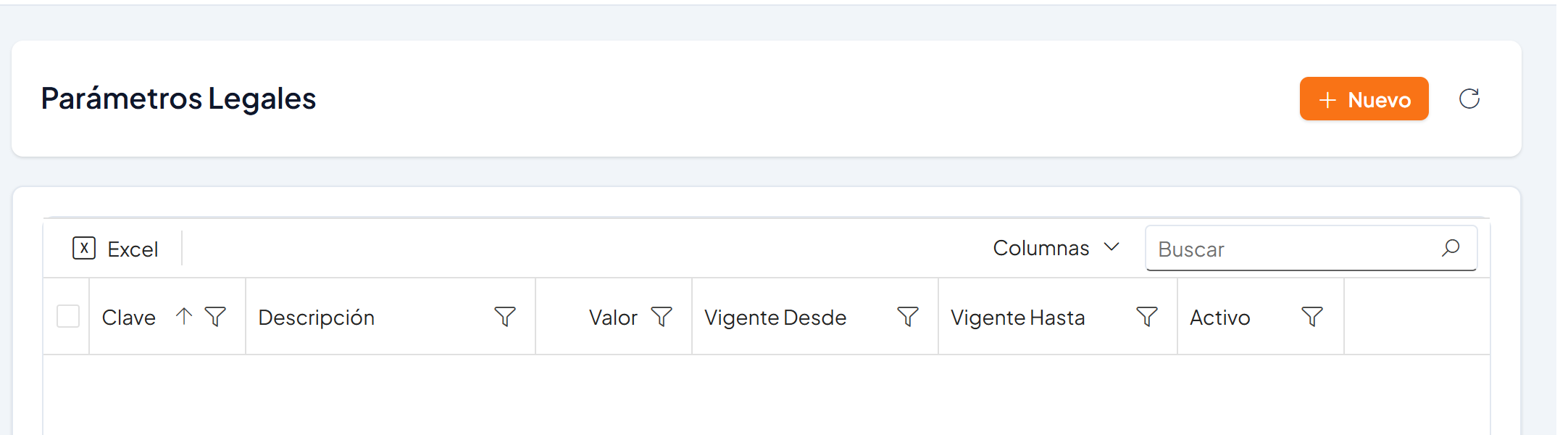 Pantalla Parámetros Legales con las columnas Clave, Descripción, Valor, Vigente Desde y Vigente Hasta