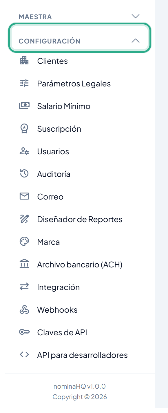 Menú lateral con la sección Configuración resaltada y abierta