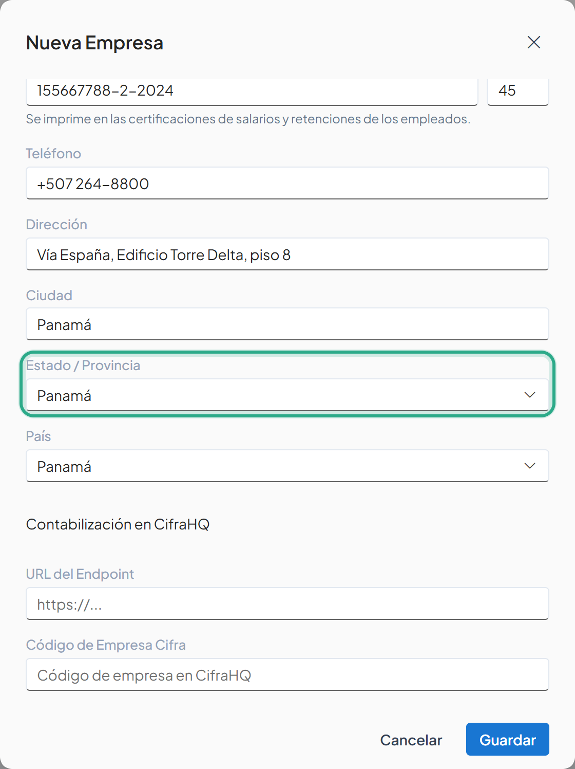 Datos de contacto completos con el campo Estado / Provincia resaltado en Panamá