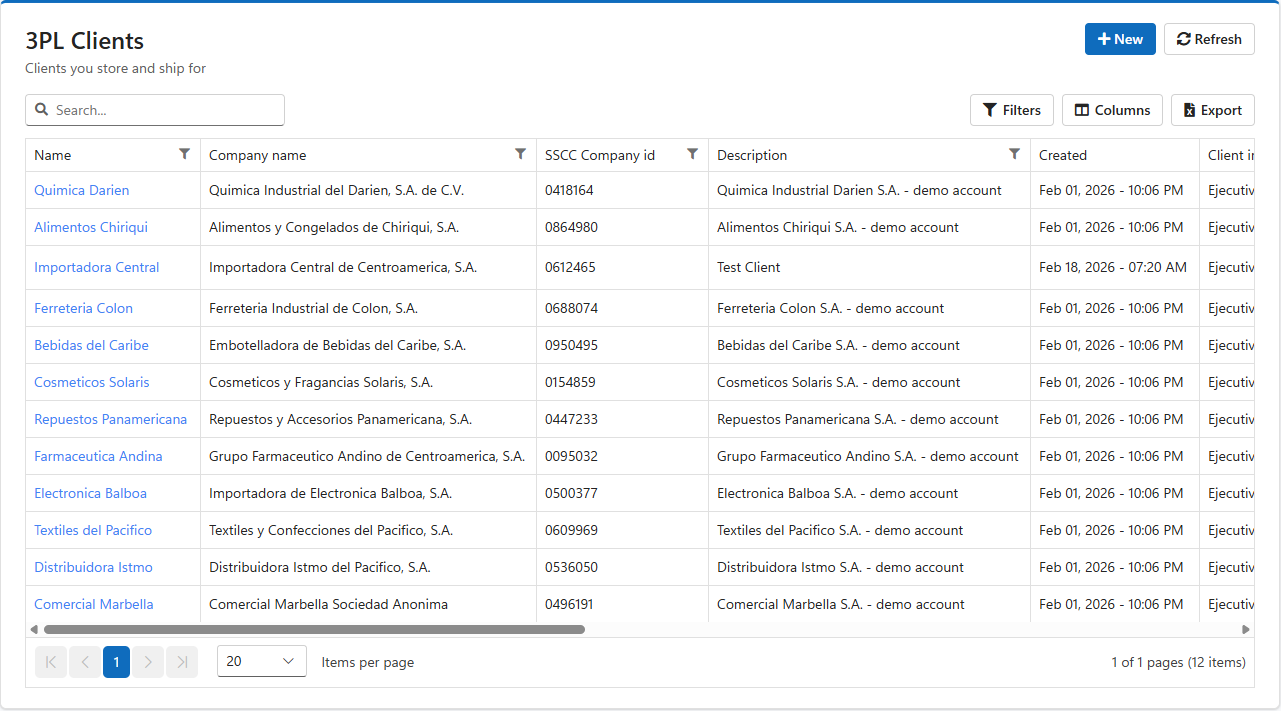 The 3PL Clients list: each client's short name, company name, SSCC company id, description and creation date