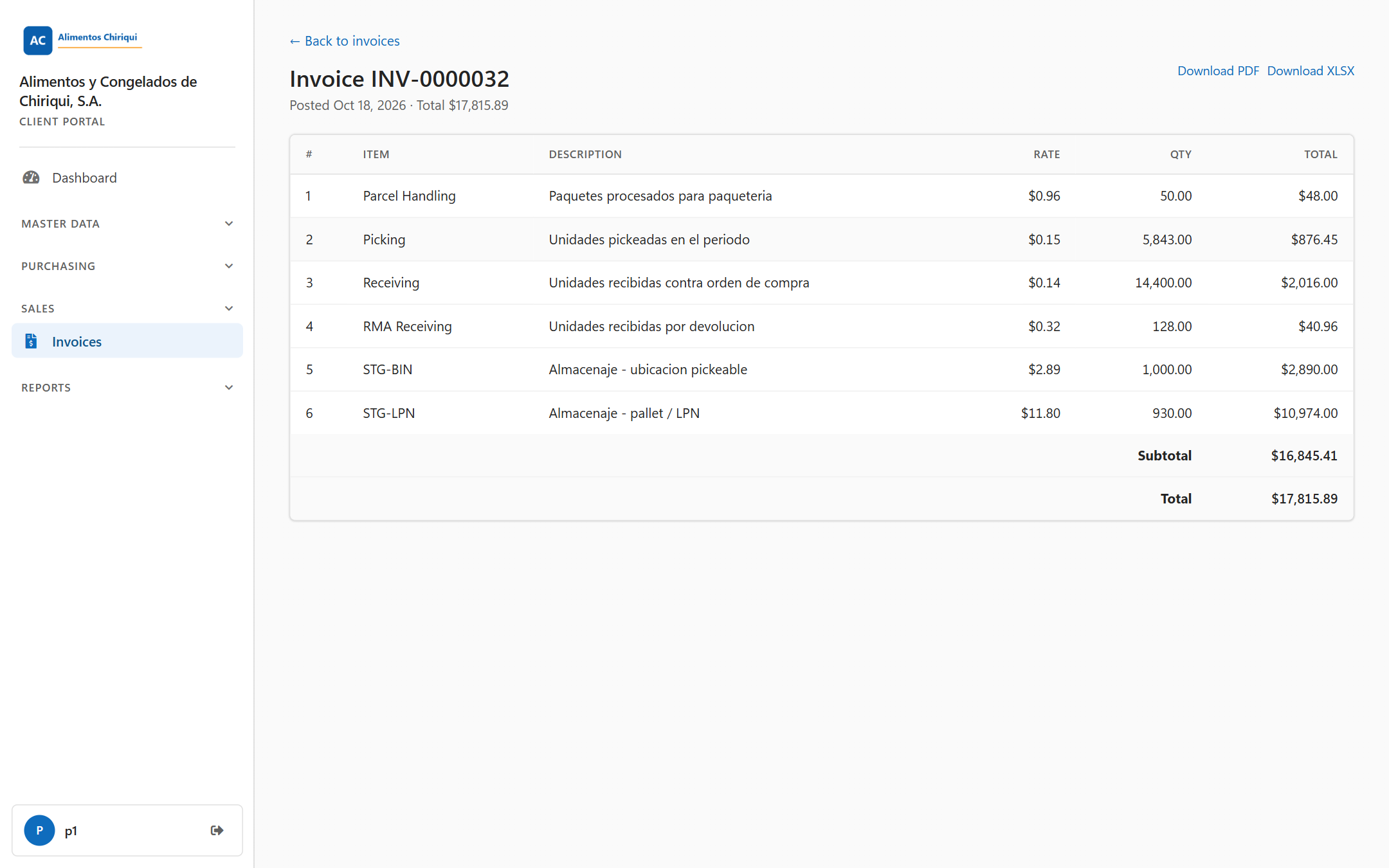 An invoice detail page with the charges table and the download links
