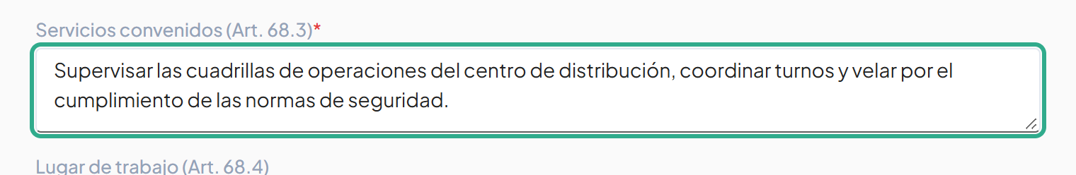 Campo Servicios convenidos resaltado con la descripción del puesto