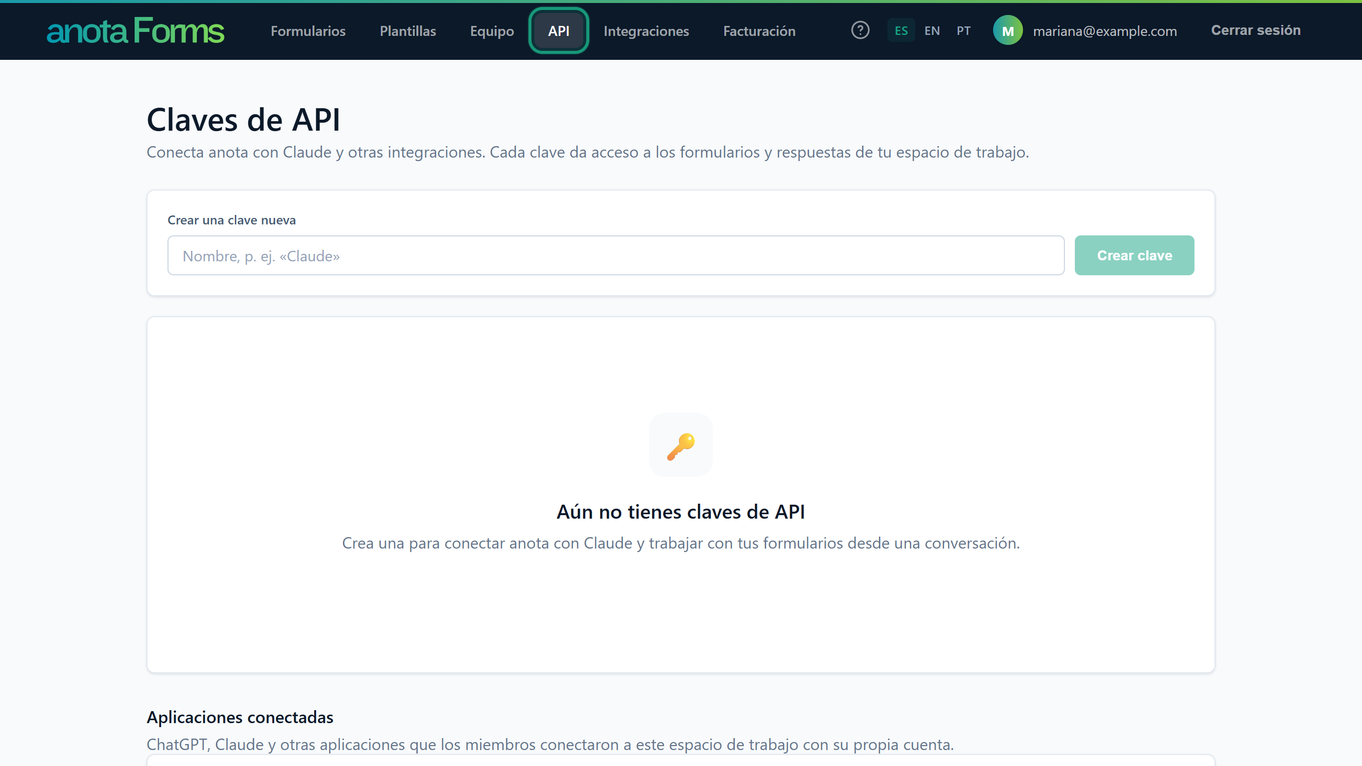 La página Claves de API con API resaltado en la barra superior, el cuadro Crear una clave nueva y la sección Aplicaciones conectadas