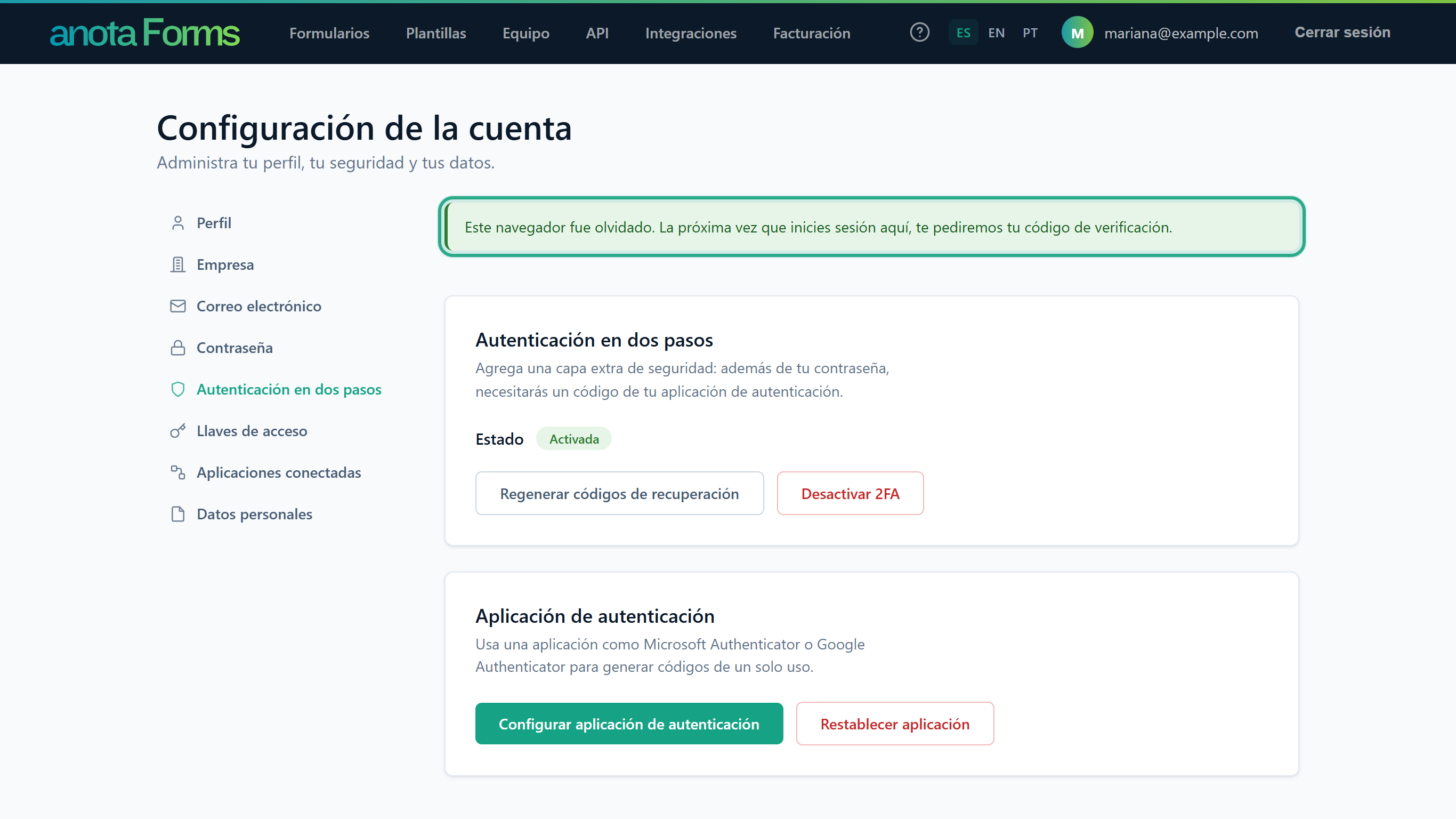 El mensaje Este navegador fue olvidado. La próxima vez que inicies sesión aquí, te pediremos tu código de verificación. resaltado