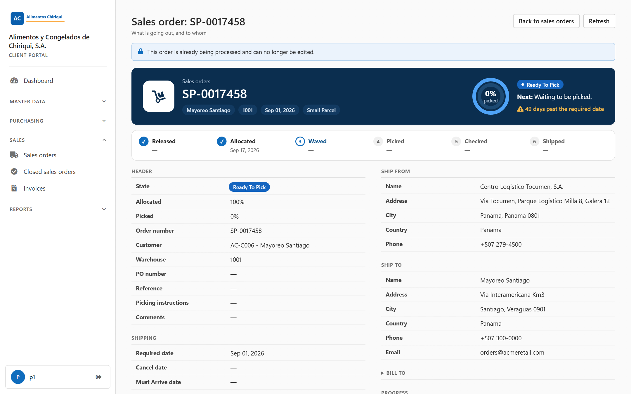 An order page with the blue note saying the order is already being processed and can no longer be edited