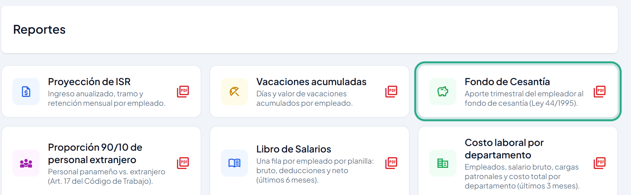 Pantalla Reportes con la tarjeta Fondo de Cesantía resaltada