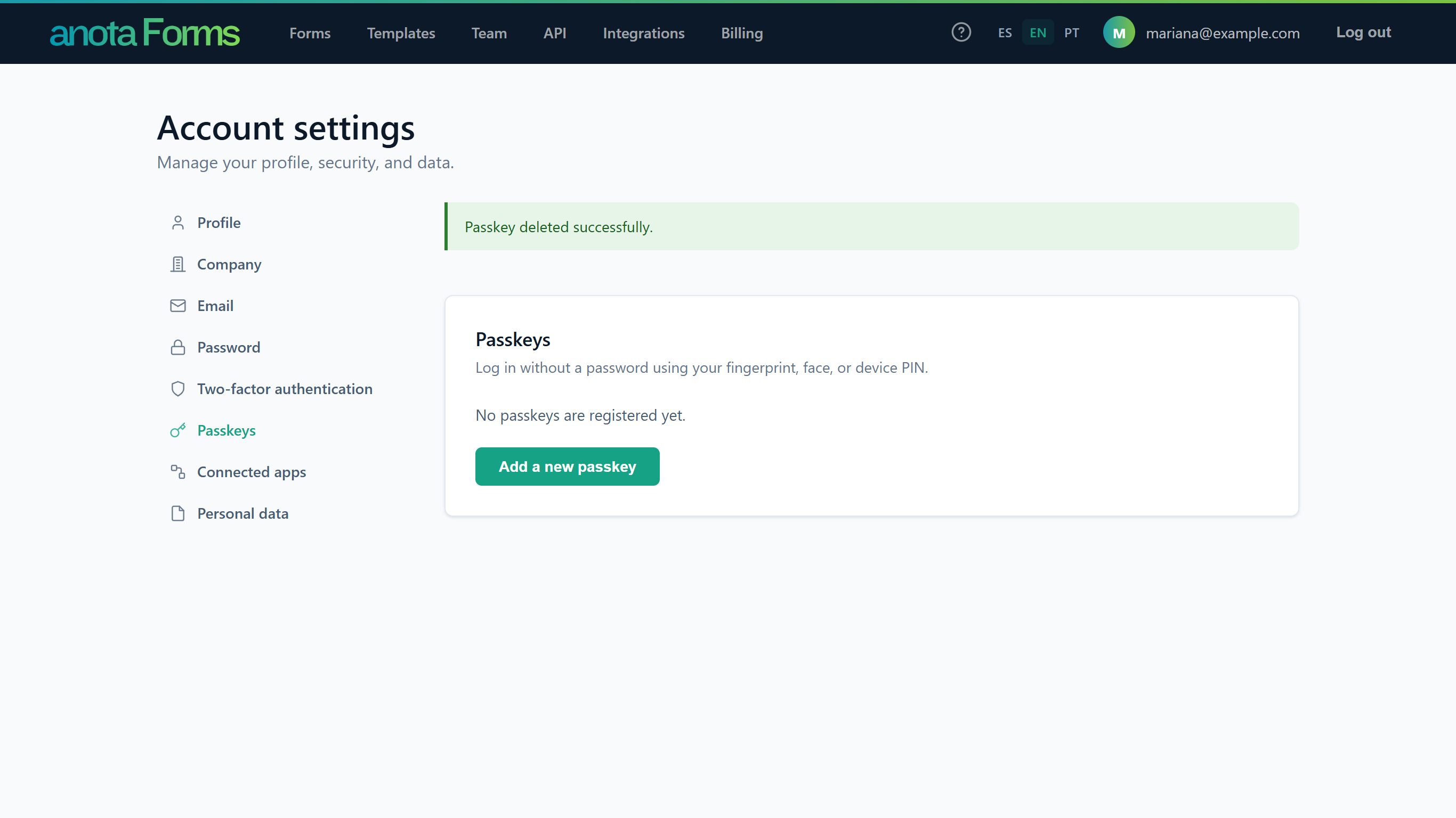 The Passkeys section with the message Passkey deleted successfully. and No passkeys are registered yet.