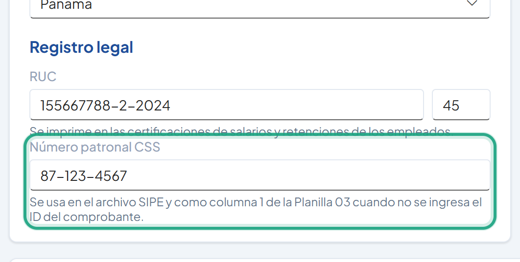 Campo Número patronal CSS resaltado con el valor 87-123-4567
