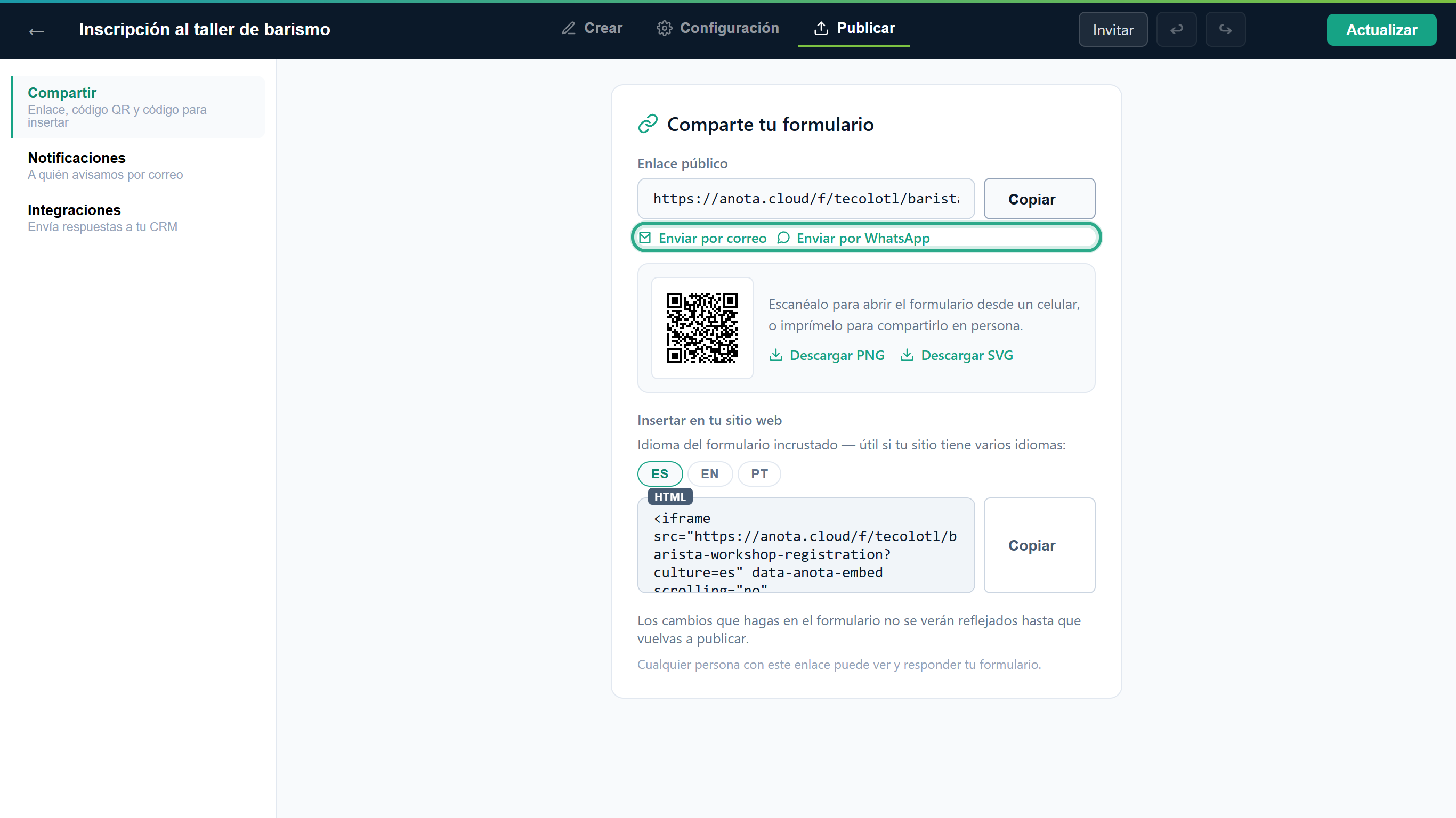 Enviar por correo y Enviar por WhatsApp, resaltados, debajo del enlace público