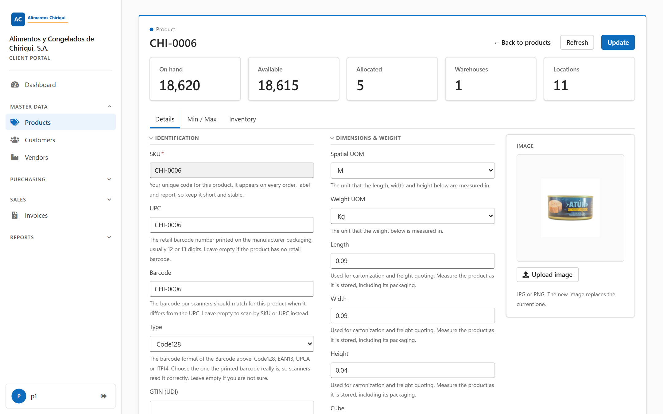 The Details tab of a product with the Identification, Attributes, Dimensions and weight and Freight details sections and the image panel