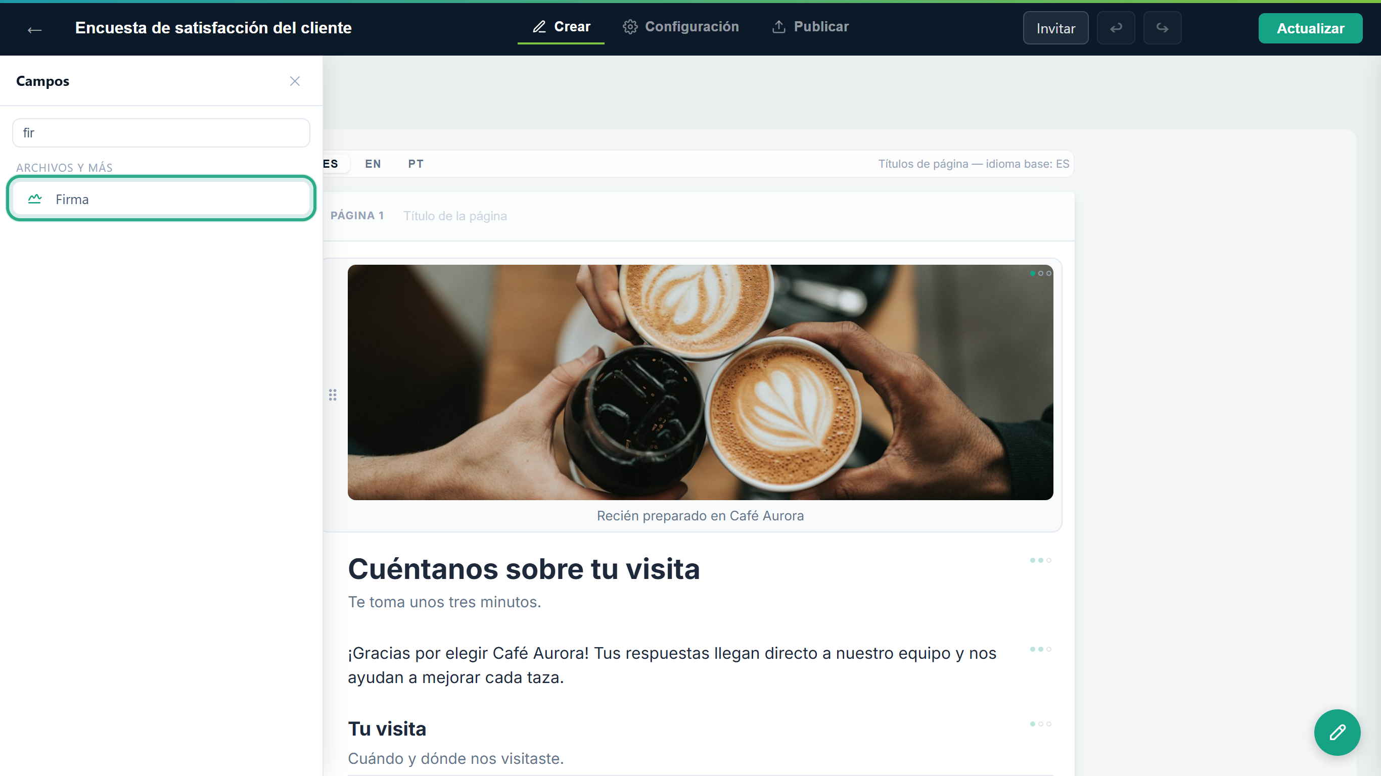 El panel Campos filtrado por el texto fir, con el elemento Firma resaltado en Archivos y más