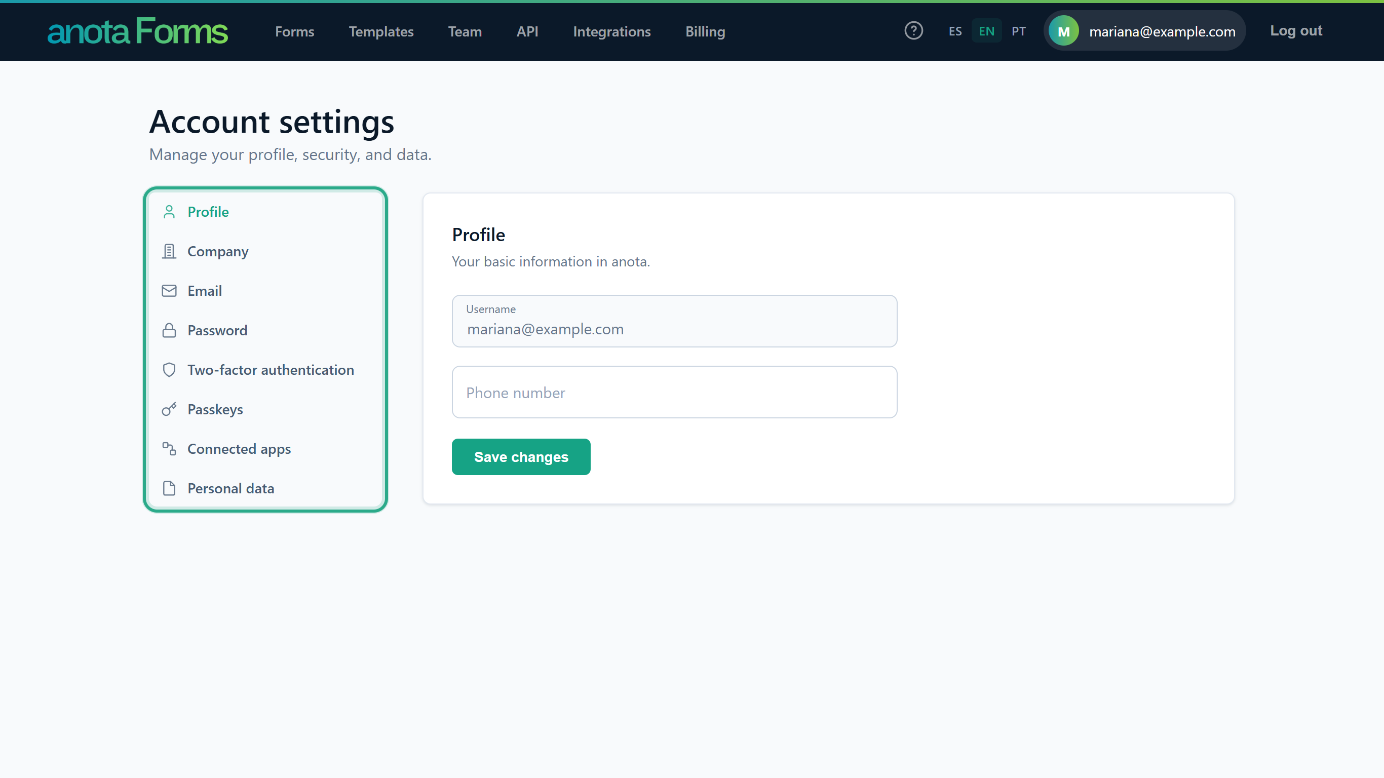 The Account settings page, Manage your profile, security, and data, with the account menu on the left outlined and the Profile card with Username and Phone number
