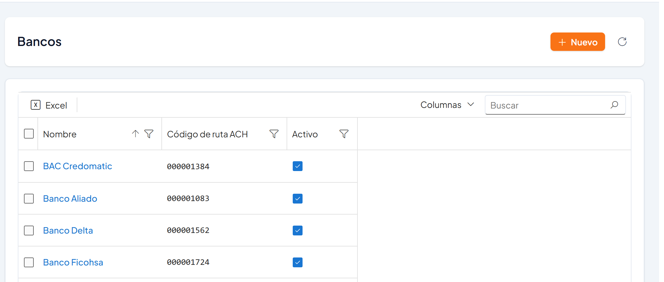 Pantalla Bancos con los bancos de Panamá y su código de ruta ACH