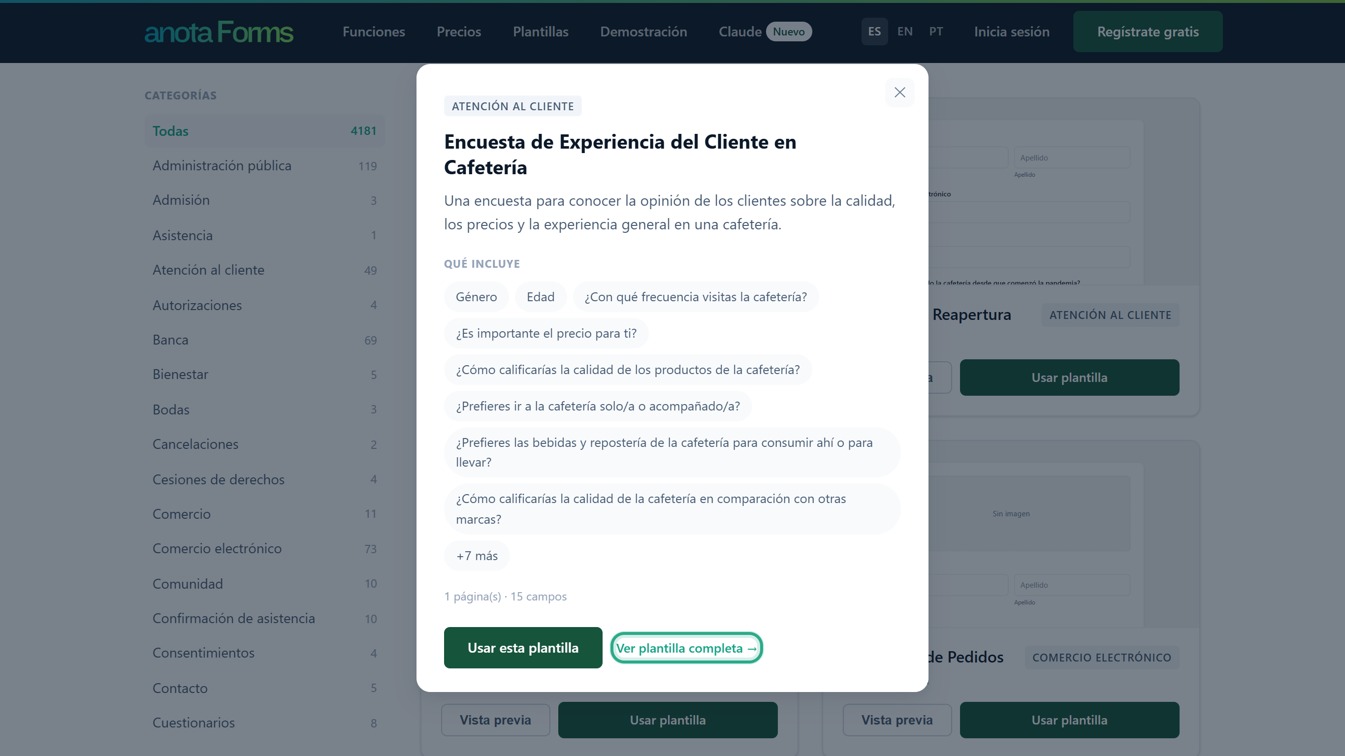 La ventana de vista previa pública de Encuesta de Experiencia del Cliente en Cafetería con su descripción, la lista Qué incluye y el enlace Ver plantilla completa resaltado