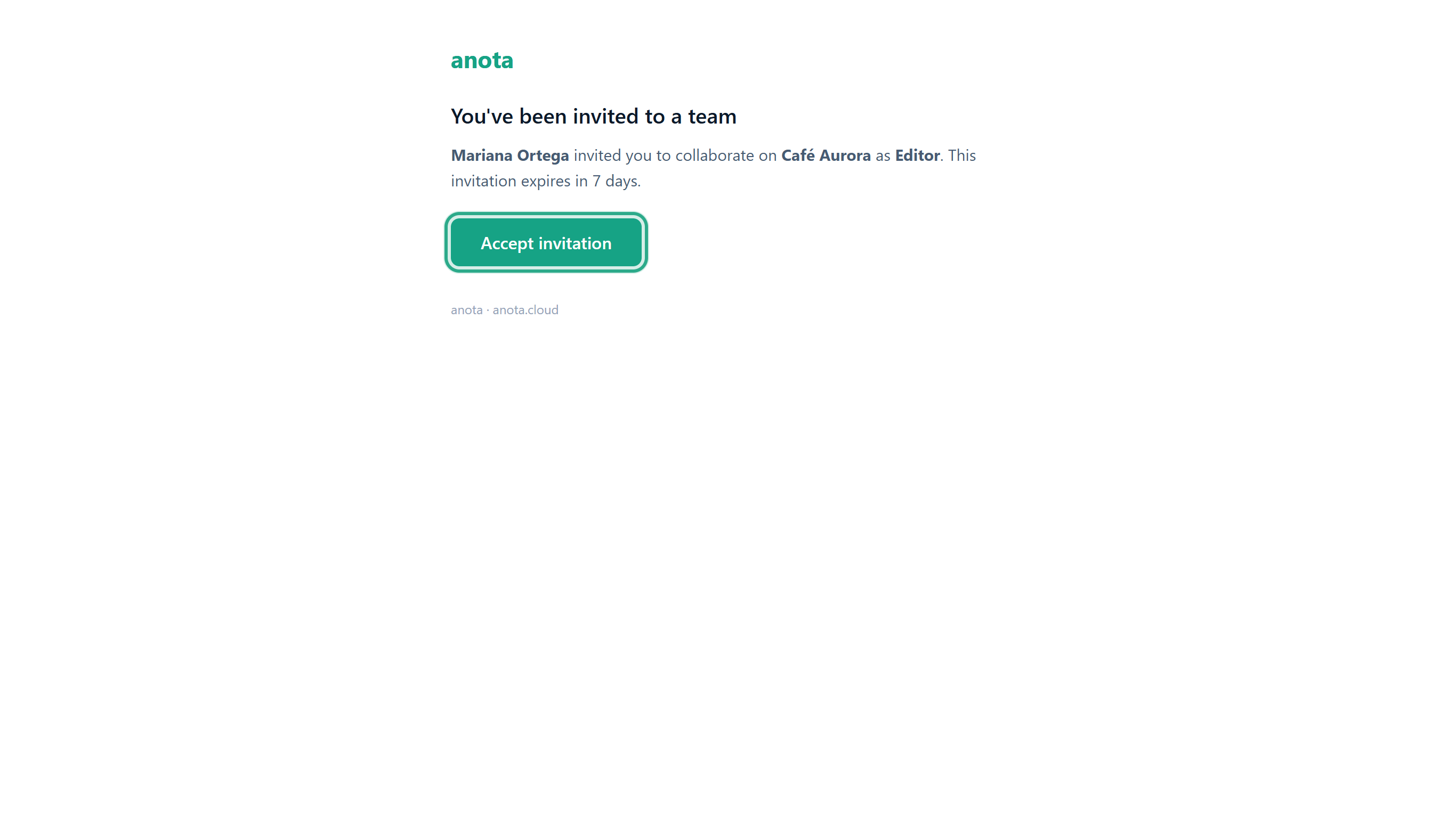 The invitation email: Mariana Ortega invited you to collaborate on Café Aurora as Editor. This invitation expires in 7 days, with the Accept invitation button outlined
