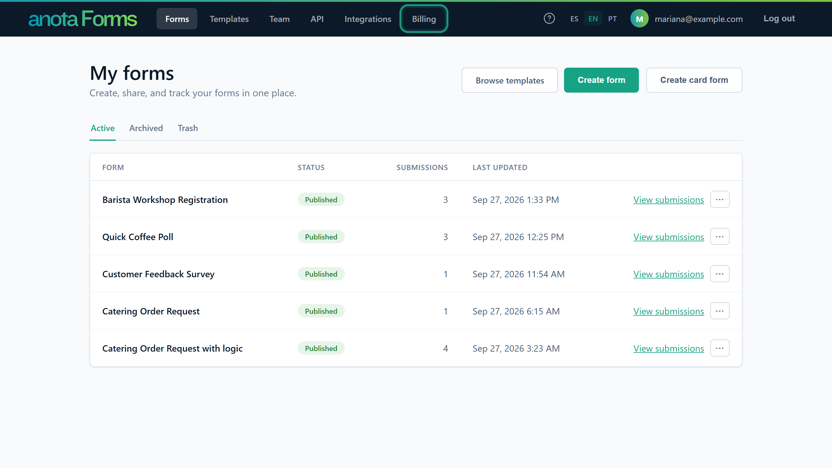 The top menu with Billing outlined, after Forms, Templates, Team, API and Integrations