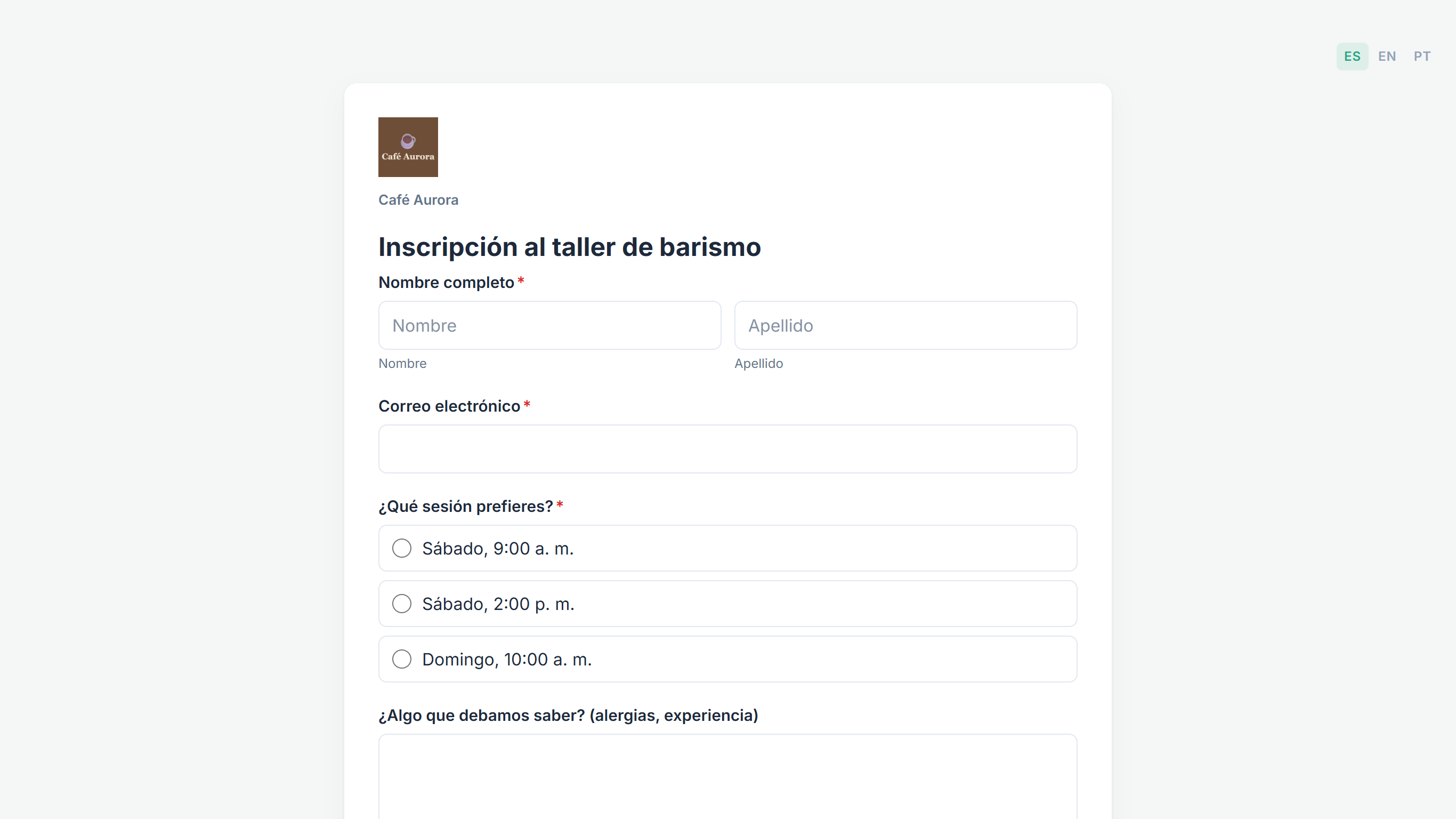 El formulario público Inscripción al taller de barismo con el tema por defecto de anota, verde y gris, y el logo y el nombre Café Aurora arriba