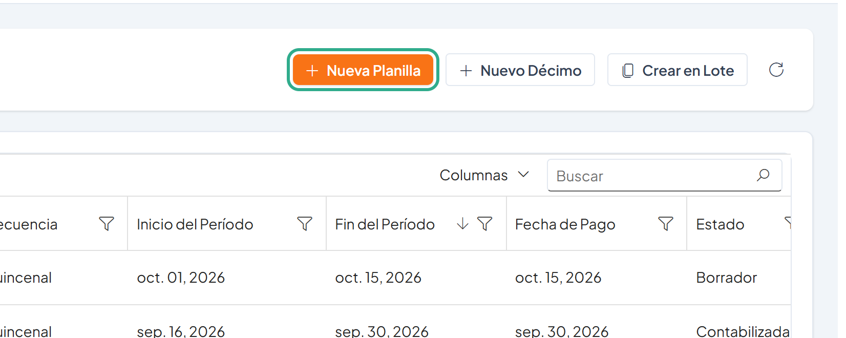 Pantalla Planillas con el botón Nueva Planilla resaltado